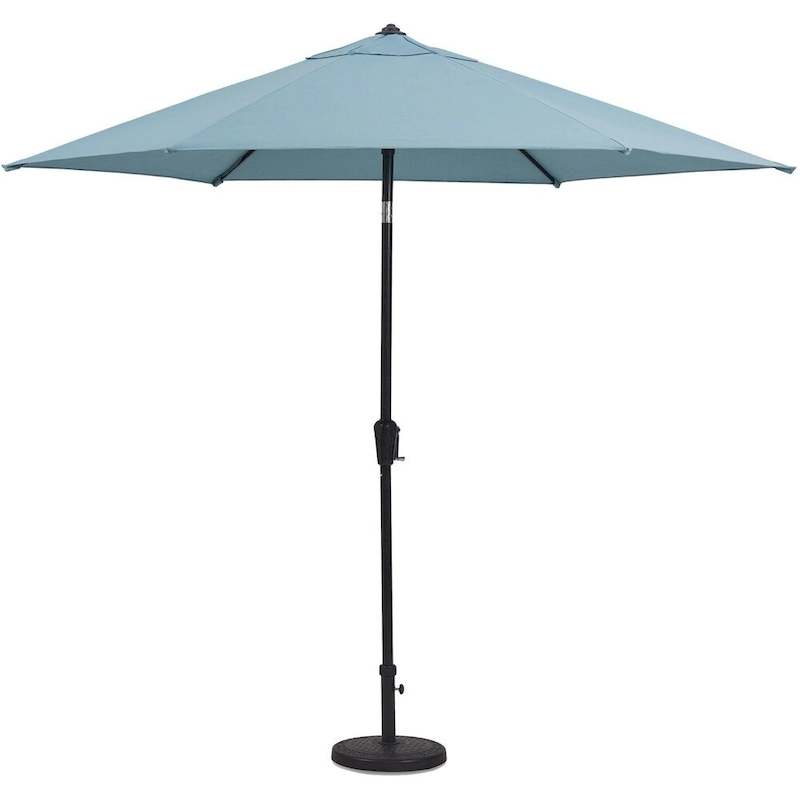 Hanover Lavallette 5-Piece Dining Set in Ocean Blue with 4 Stationary Chairs, 52-In. Round Glass-Top Table, Umbrella, and Base