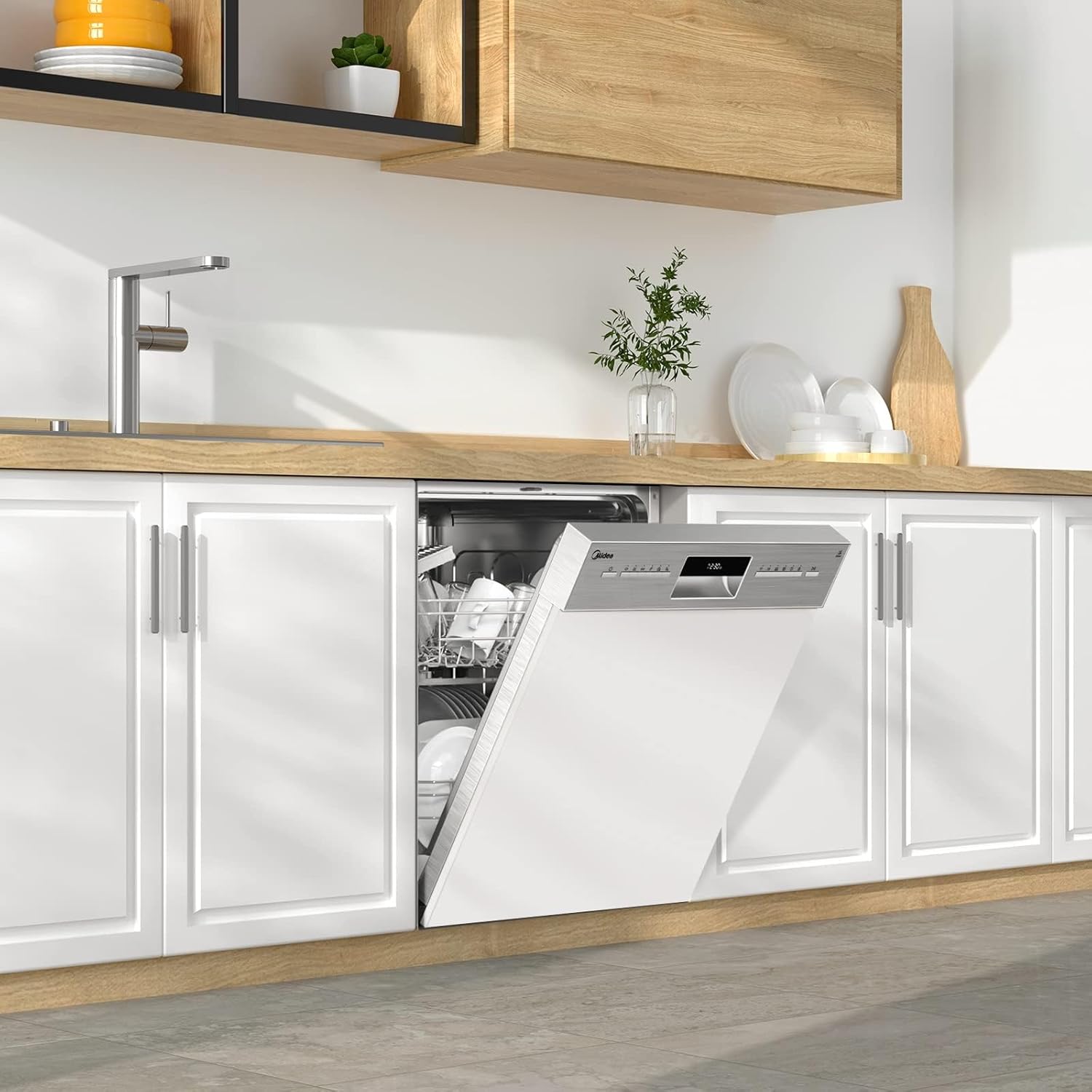 Midea Geschirrspüler Unterbau MDWEU1435XSS-W, 14 Maßgedecke, Spülmaschine 60 cm Teilintegrierbar mit WIFI, Extra Trocknung, 7 Programme, 47dB, 0-24h Startzeitverzögerung, Inox