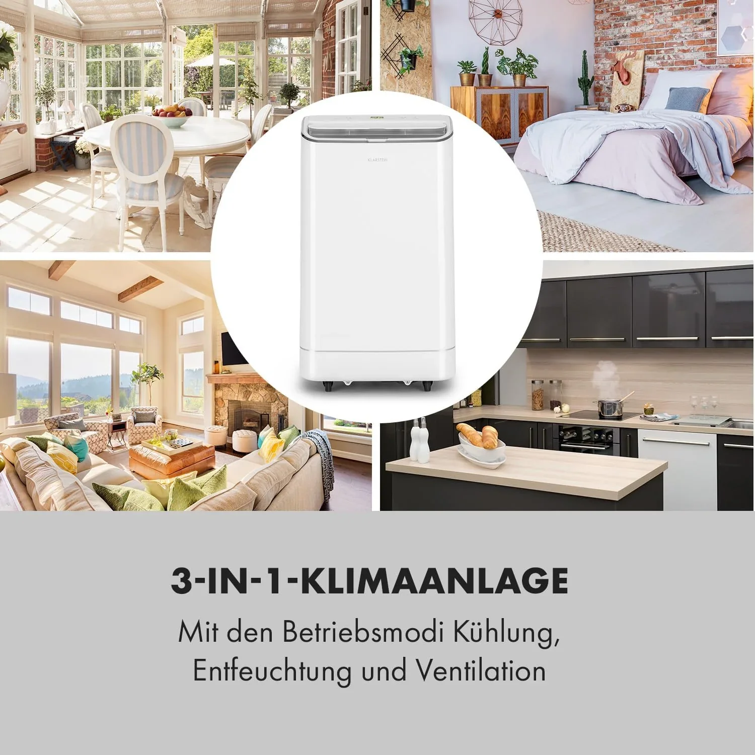 Klarstein Mobile Klimaanlage mit Abluftschlauch, 3-in-1 Klimager?t mit Ventilator, Luftentfeuchter & Nachtmodus, Kleine & Portable Klimaanlage f��r Wohnung & B��ro, 12000 BTU Niedrig Verbrauch