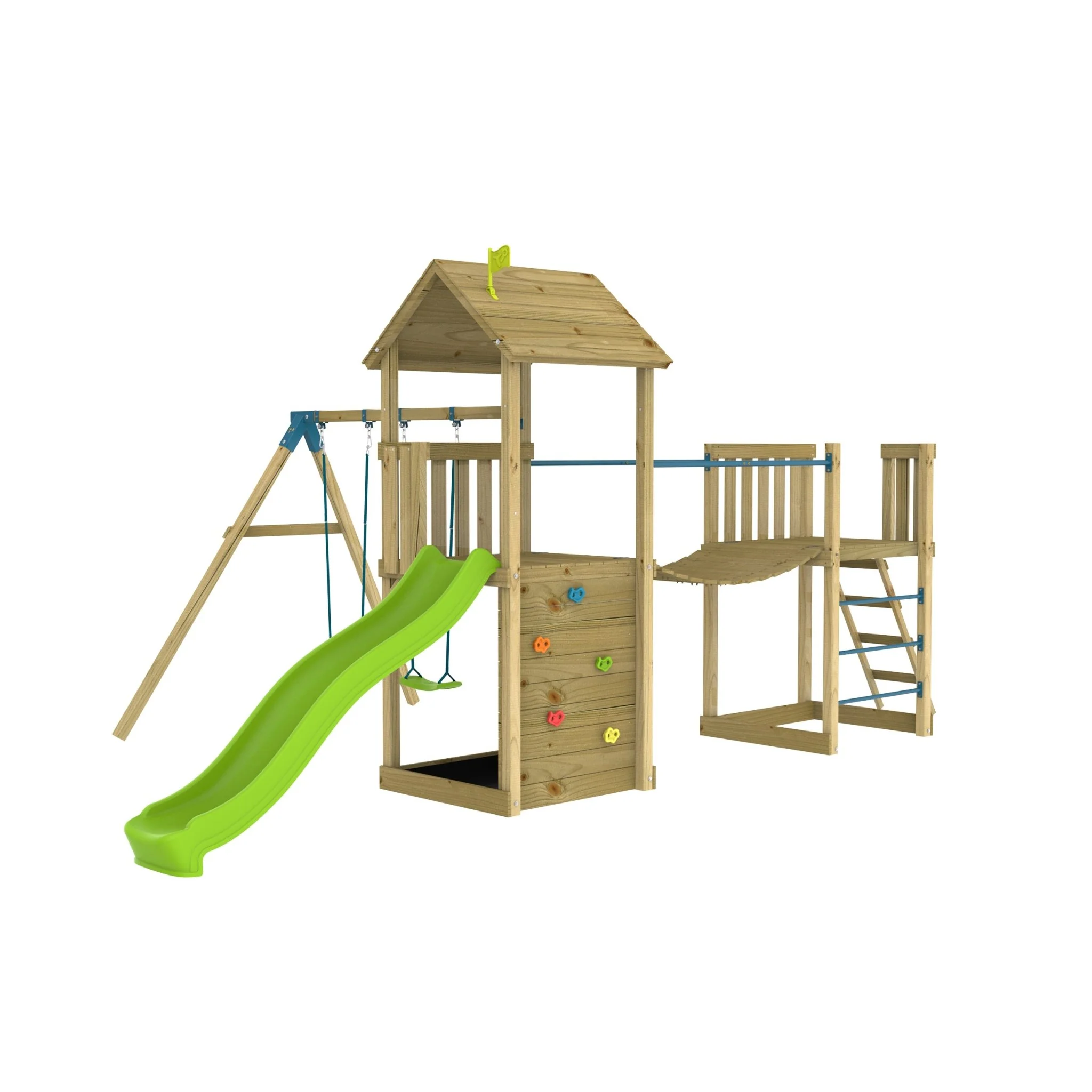 TP Skywood Klimstructuur van Hout met Ripple Glijbaan, Sky Brug, Mini Toren en Dubbele Schommelarm - FSC? Gecertificeerd