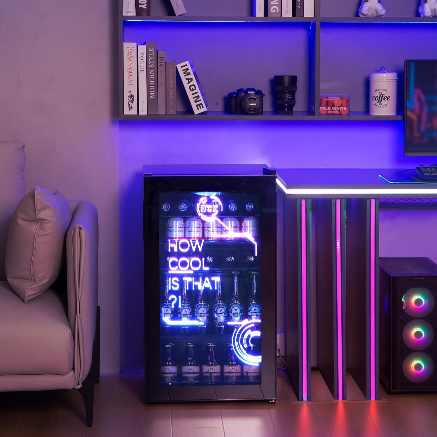 HCK Réfrigérateur Pour Boissons, Mini Frigo Avec éclairage Moderne Cyberpunk, 98L Petit Frigo Silencieux de 0-10°C, Mini Bar Intérieur, Pour Salle de Jeux, Fête, Noir.