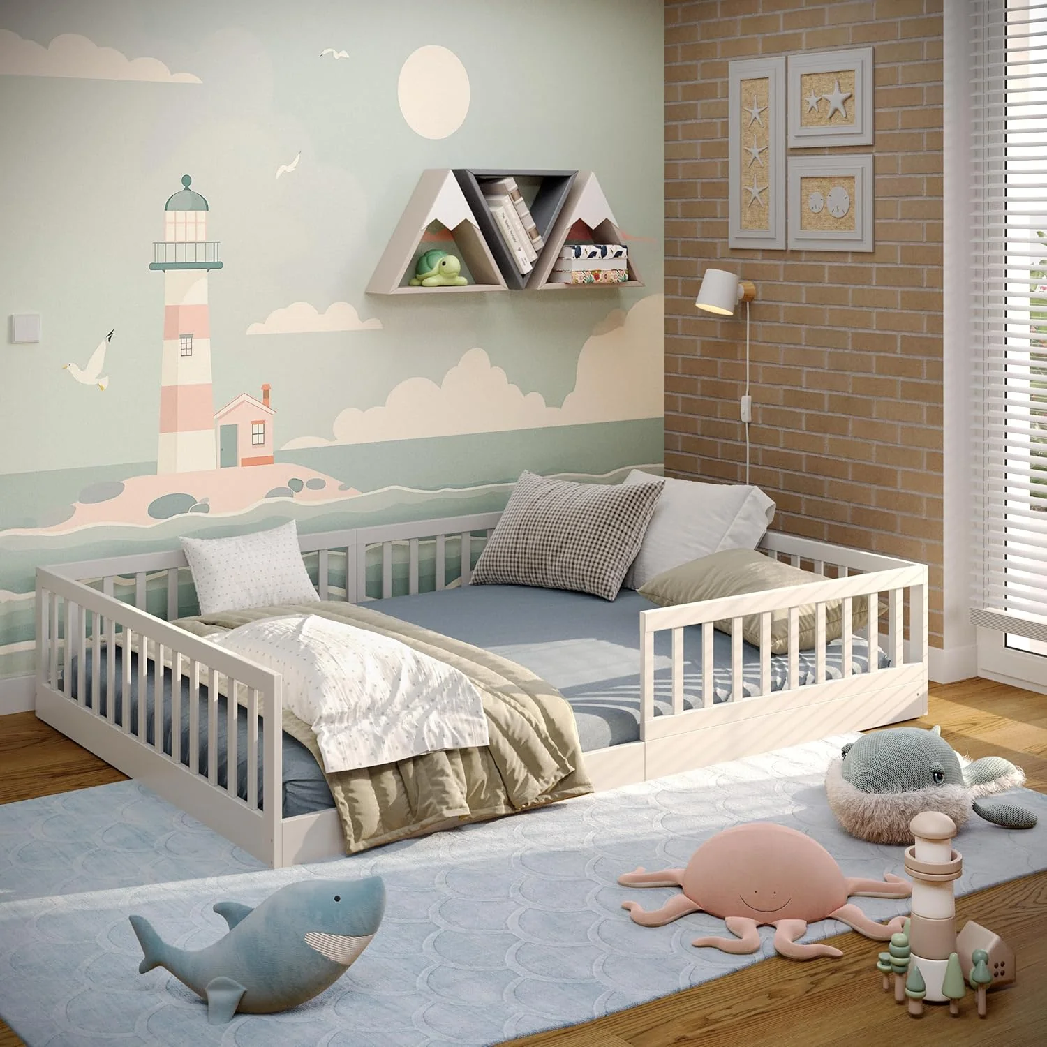 CADANI Timi 2-in-1 Vloerbed 140x200 cm Montessori Kinderbed met uitneembare valbeveiliging incl. lattenbodem, massief grenenhout, wit - 3 opbouwmogelijkheden, belastbaar tot 200 kg, ombouwbaar