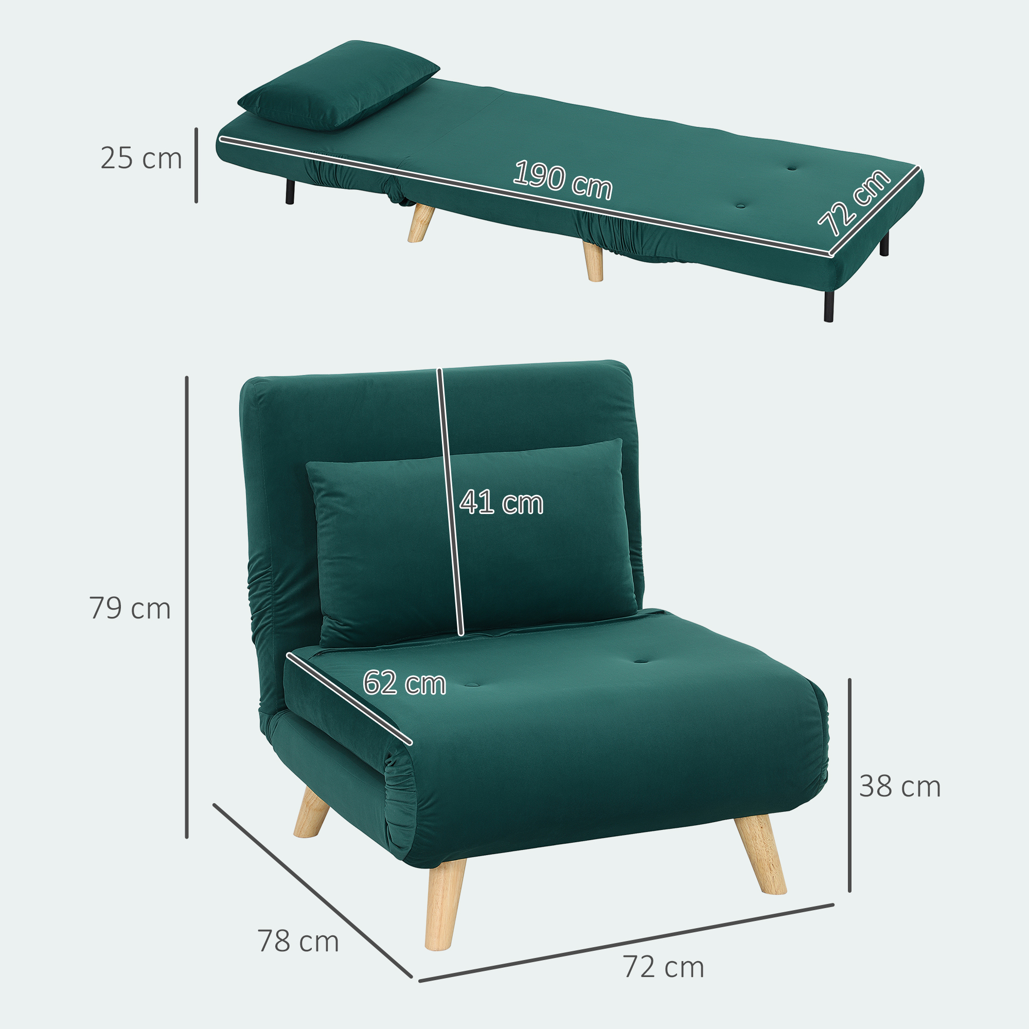 Opklapbare Stoel met Bedfunctie, Opvouwbare Relaxstoel in Fluweel Look, Verstelbare Rugleuning, tot 120 kg Belastbaar, Donkergroen