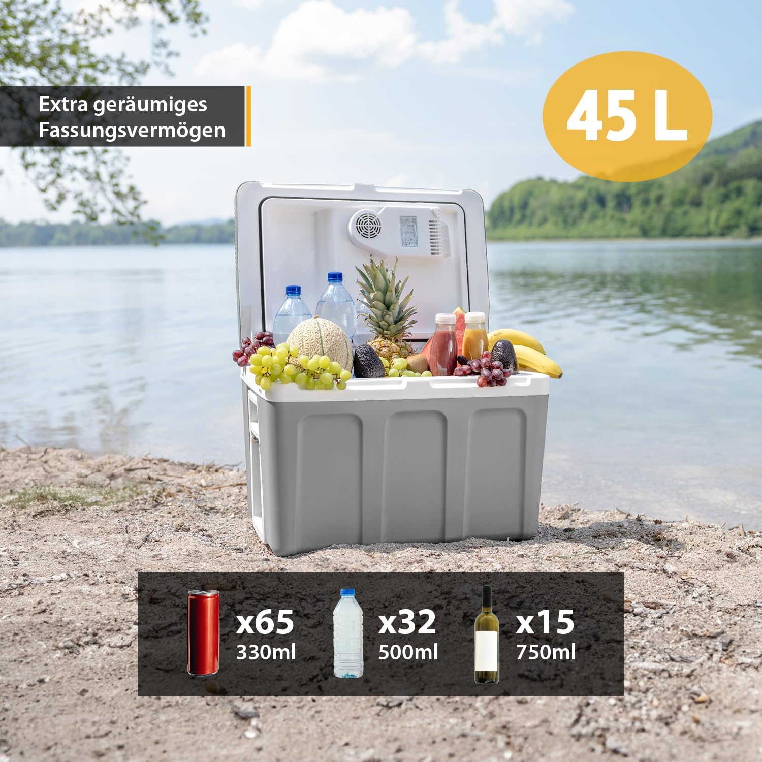 TZS First Austria - Kühlbox 45L elektrisch 12V 230V Anschluss für Auto & Steckdose - Thermoelektrische Cool Box kühlt & wärmt - Mini Kühlschrank mit Rollen - Für Camping, Festivals, Reisen - Grau