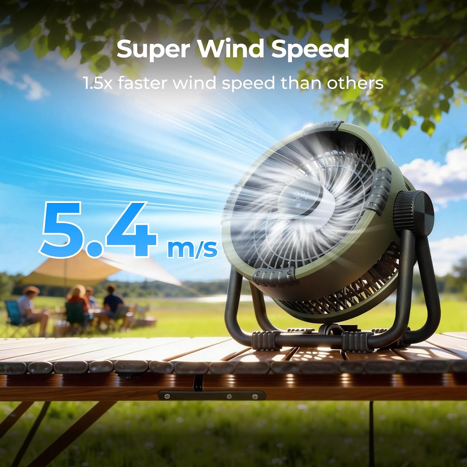 BougeRV Tragbarer Ventilator, wiederaufladbar, 20.000 mAh batteriebetriebene Lüfter mit 4 Windgeschwindigkeiten, Haken, helleres Licht, LCD-Display, 270 ° drehbar, für Camping, Zelt, Outdoor, Büro