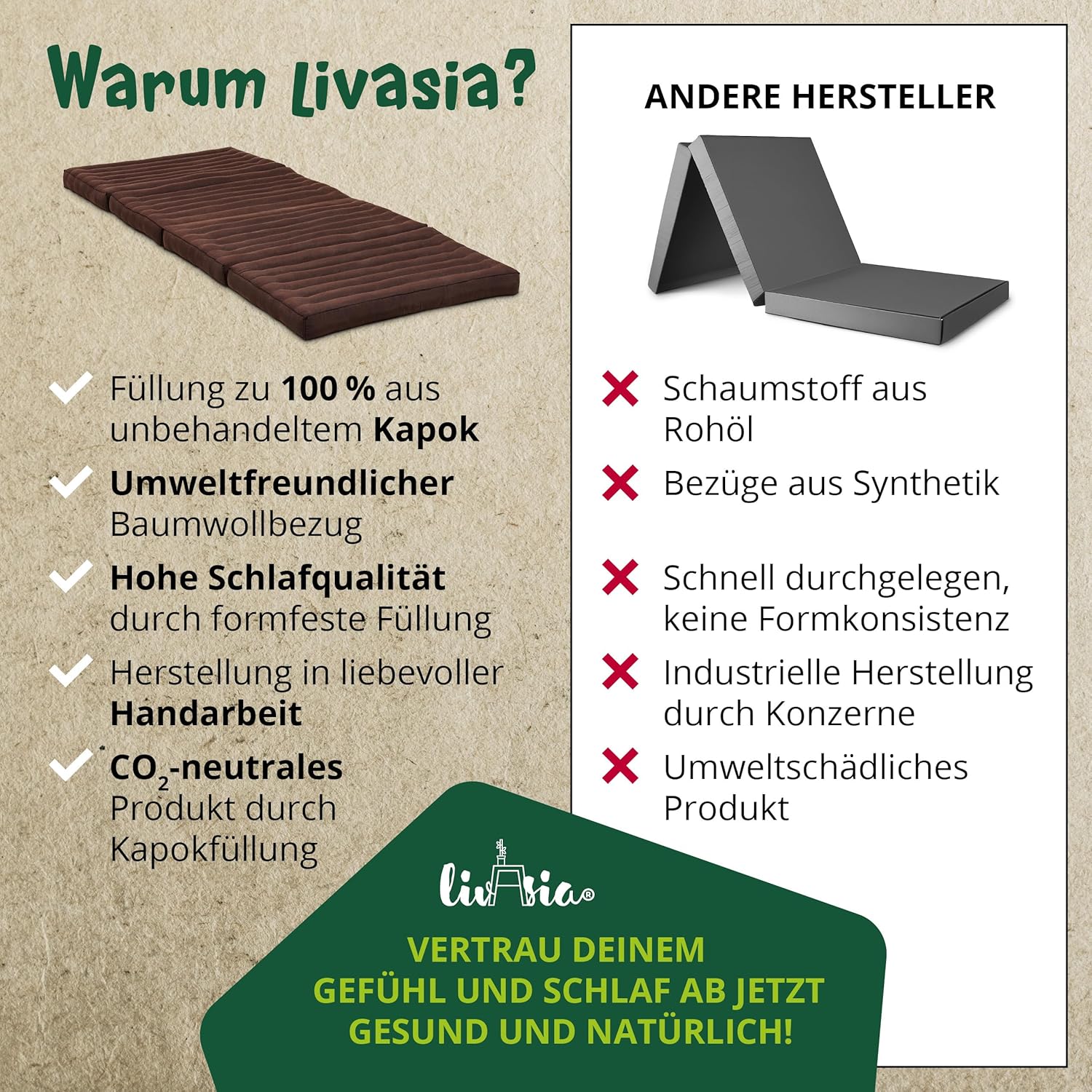 livasia Nachhaltige Klappmatratze aus Kapok - 200x80x8cm - Gästematratze, Faltbare Matratze einfarbig, ökologische Yogamatte, klappbares Gästebett, Liege Garten Balkon (Braun Uni)
