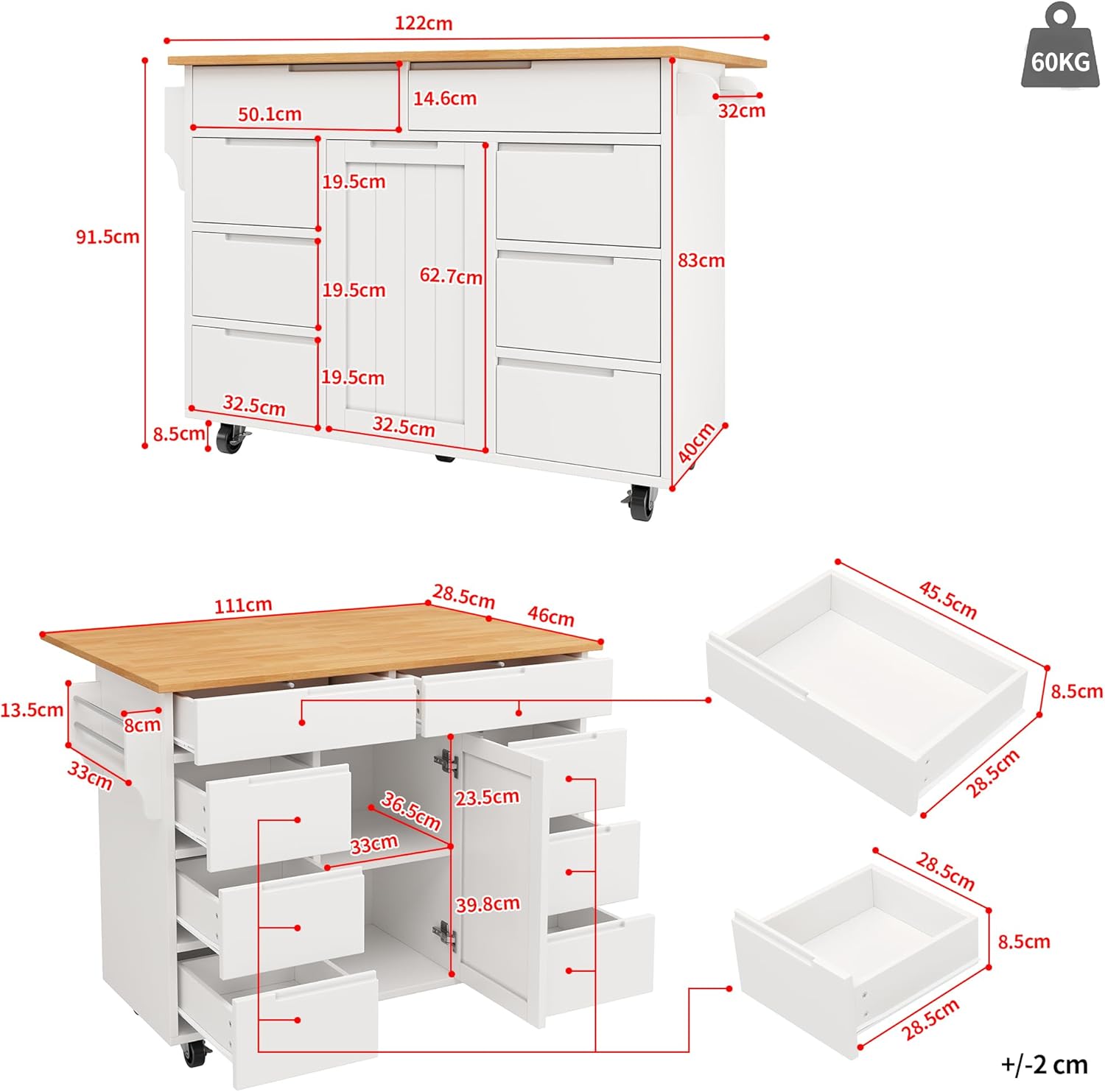 Kücheninsel, Moderne Küchenschrank, Ausziehbarer Küchenwagen mit Rollen und Arbeitsplatte, Servierwagen mit Gewürzregal und 8 Schubladen (Weiß)