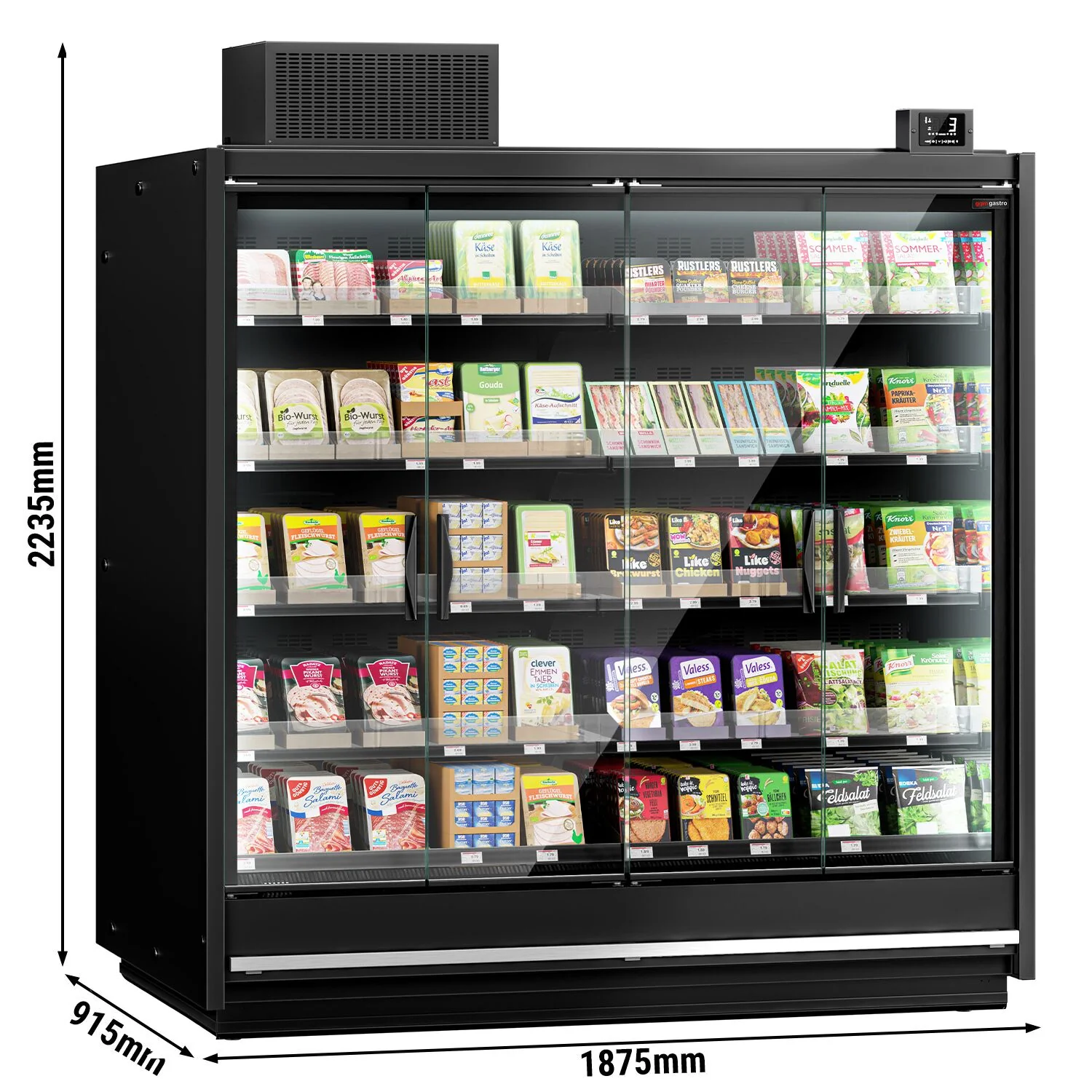 Kjølereol - 1875 mm - 0 °C til +4 °C - med 4 hengslede glassdører, rammeløse, med dobbelt isolerglass & 5 hyller - svart