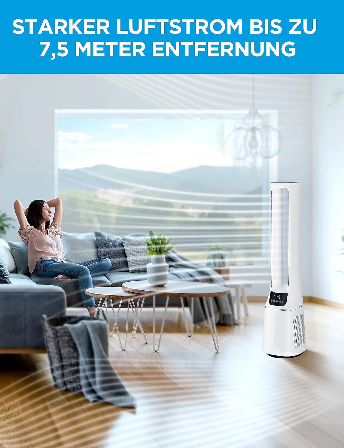 Midea MFP-120i (BL) 2-in-1 Torenventilator Stil 38dB Luchtreiniger H13 True HEPA voor 47,6 �O LED-Display Afstandsbediening Oscillatie 12H Timer Compatibel met Draadloze Verbinding App Alexa Google