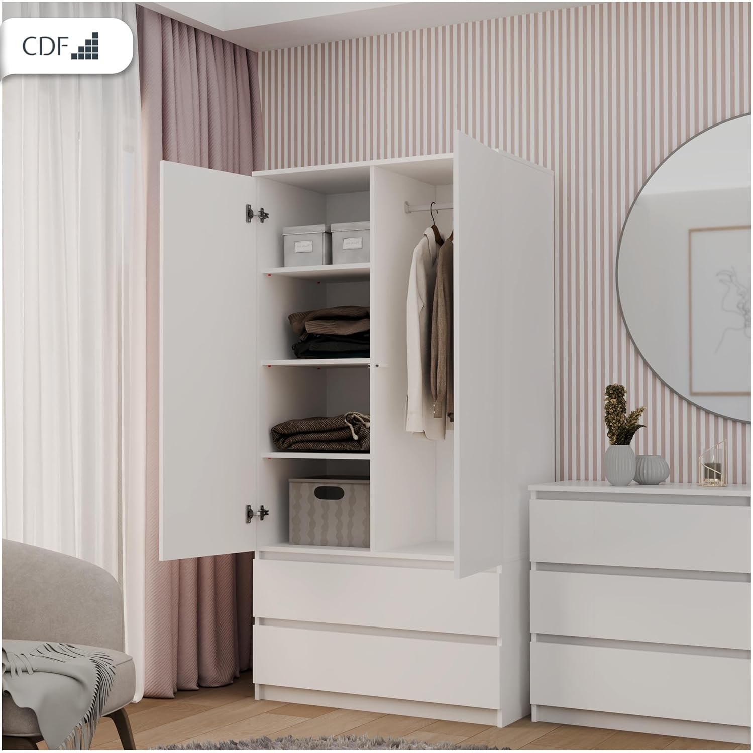 CDF Kleiderschrank Weiß 90cm Breit Kinderzimmer Schlafzimmer 2 Schubladen 2-türig Kleiderschrank Zweitüriger Schrank Moderne Look Alles für die Montage Inklusive Garderobenschrank Klamotten Spielzeuge