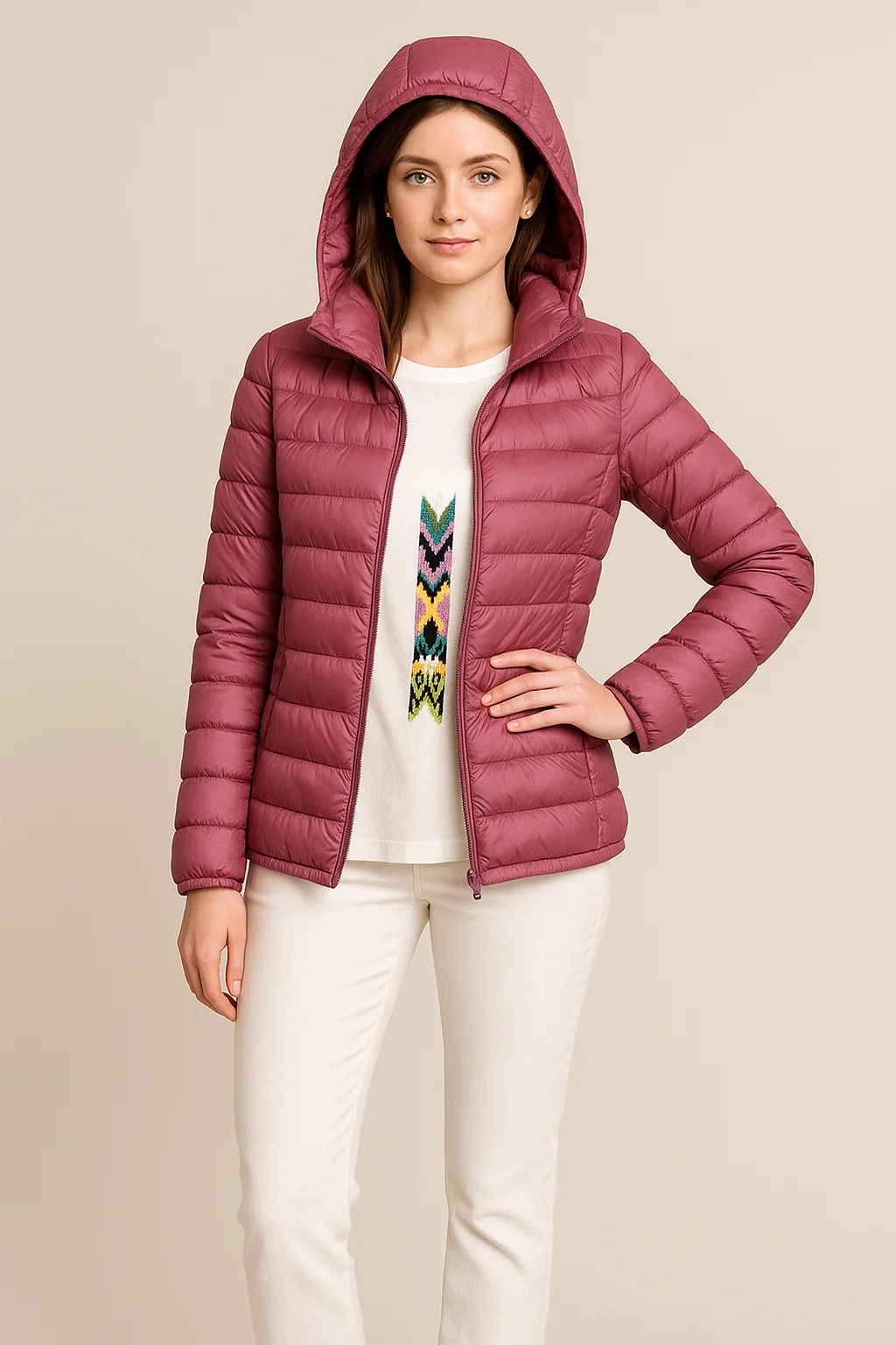 Taillierte, gesteppte Daunenjacke mit Kapuze f��r Damen