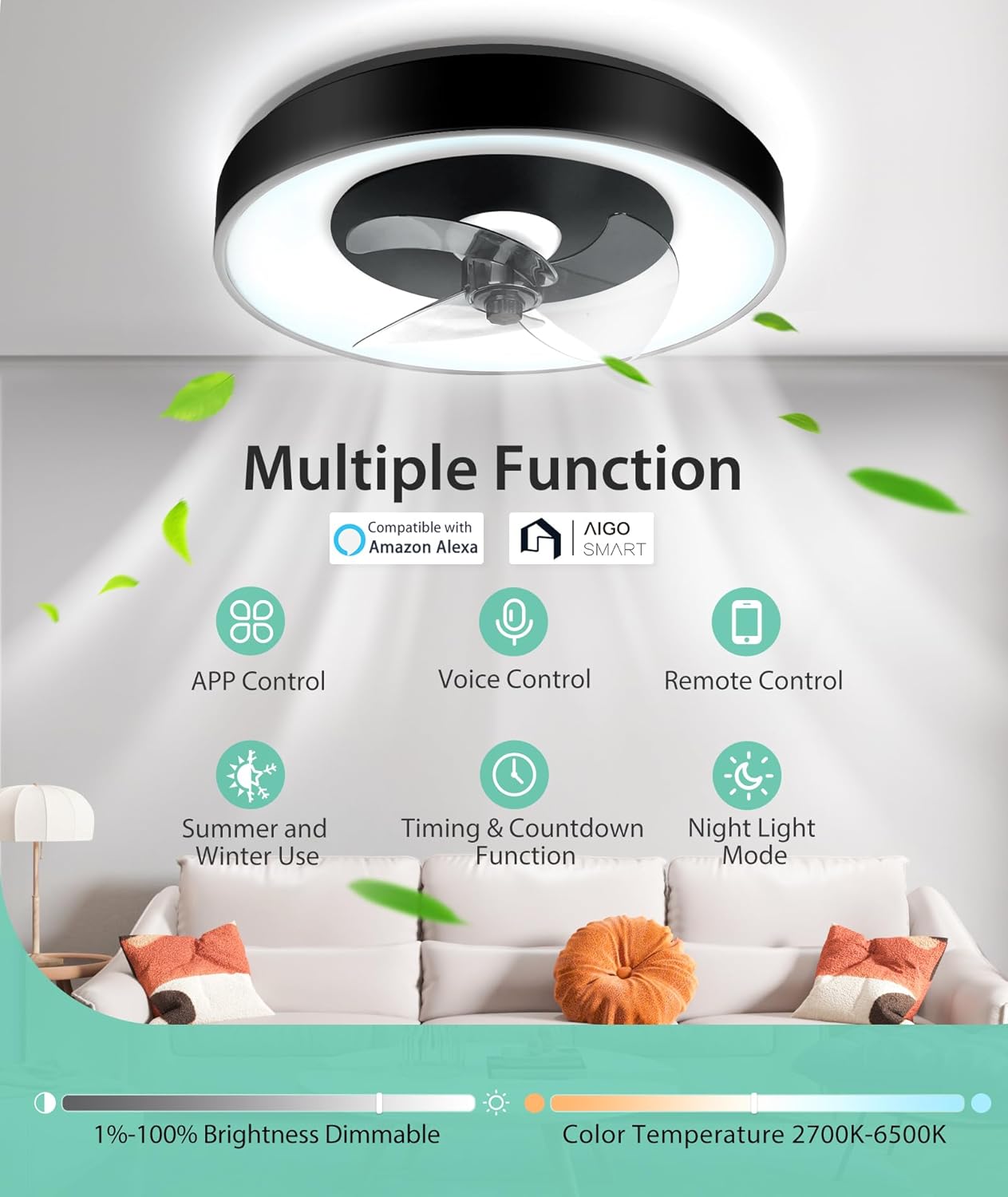 Aigostar- Smarte Deckenventilator mit Beleuchtung, Kompatibel mit Alexa, LED 40W, 4400LM, 2700K-6500K Dimmbar, Deckenlampe Ventilator Leise mit Fernbedienung und Gateway, 6 Geschwindigkeiten, φ50CM