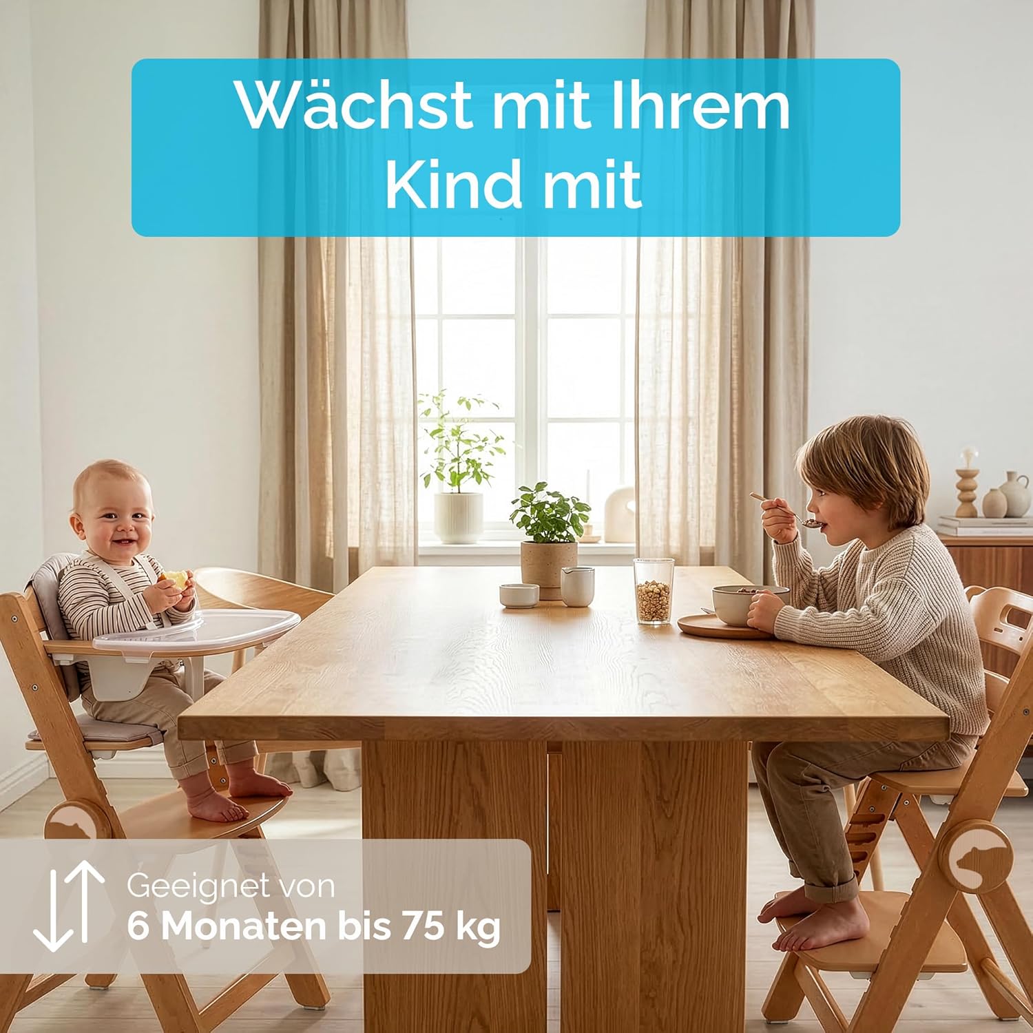 Holzhochstuhl Drömmer Unique bis 75kg Mitwachsender Faltbarer Hochstuhl aus Buche für Kinder mit Sitzkissen 5 Punkt Gurt zusätzliche Ablage Schrittgurt 9 Höhenverstellungen Schutzbügel Grau
