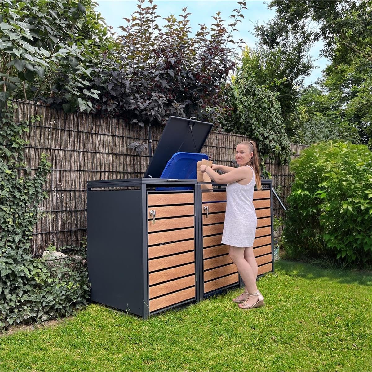 Metzler Mülltonnenbox in Anthrazit & Holzoptik 3er 240L, Mülltonnenverkleidung 3 Tonnen, witterungsbeständiger und pulverbeschichteter Stahl mit Automatikdeckel, abschließbar, Garten- und Müllbox