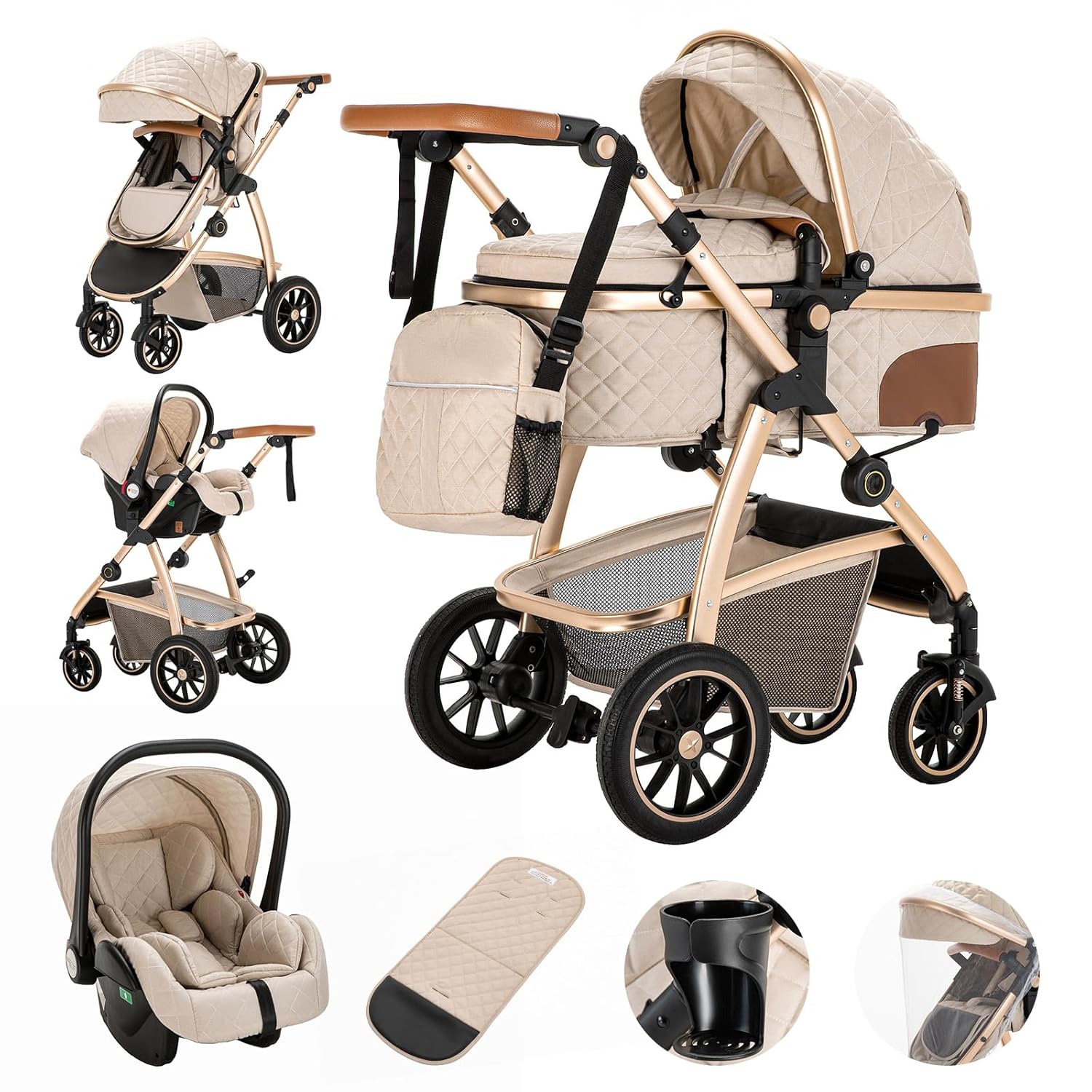 Gcarebb 3 in 1 Kinderwagen, Buggy Mit Auto Babyschale, Mit Höhenverstellbarer Kinderwagen Komplettset, KombiKinderwagen Mit Aluminiumrahmen für Neugeborene 0-4 Jahre