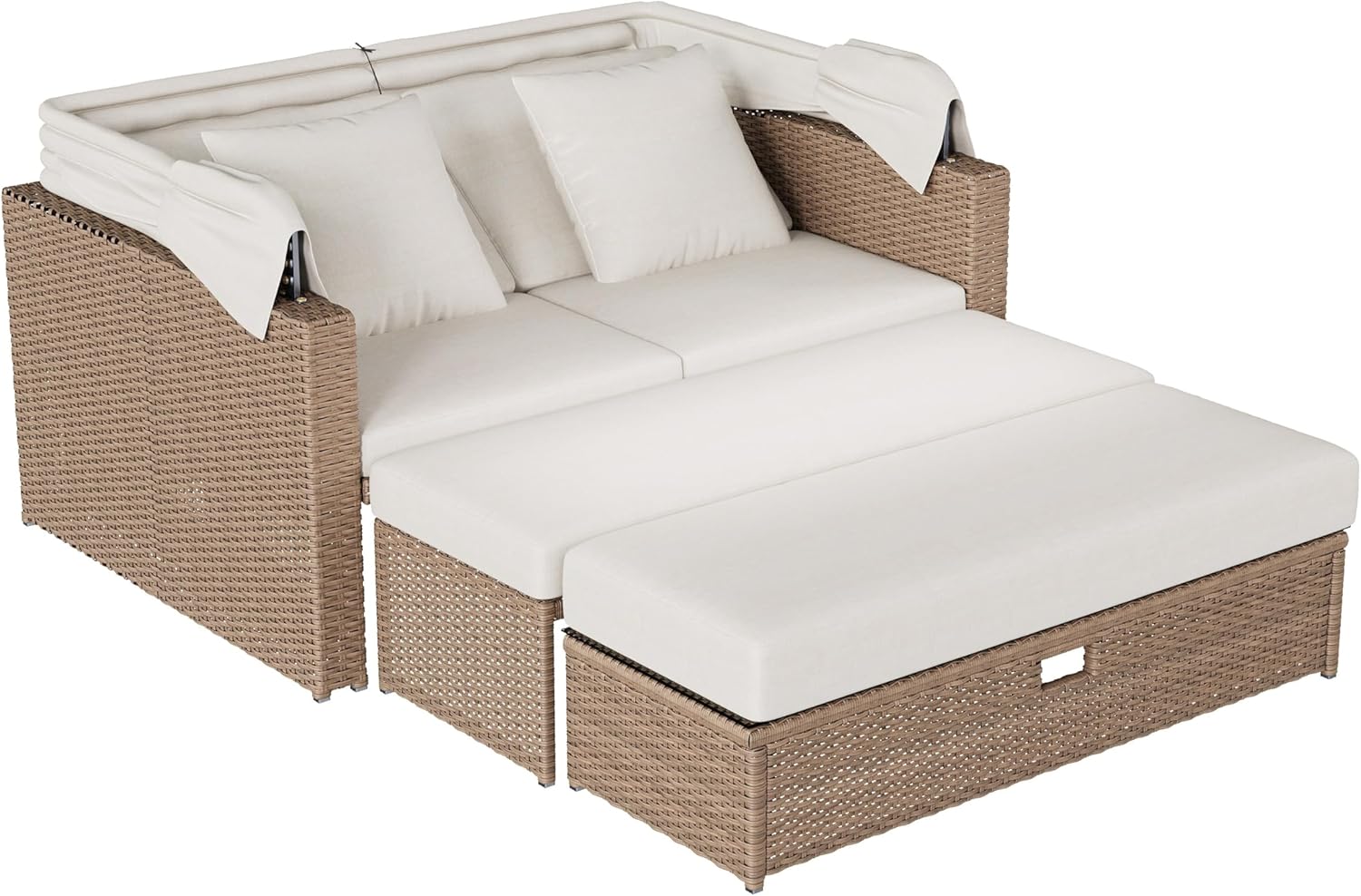 Polyrattan Gartenmöbel für 2-4 Personen, Gartensofa, Loungesofa, Verstellbarer Couchtisch, Abnehmbare Markise, PE-Rattan und Schwamm, Khaki