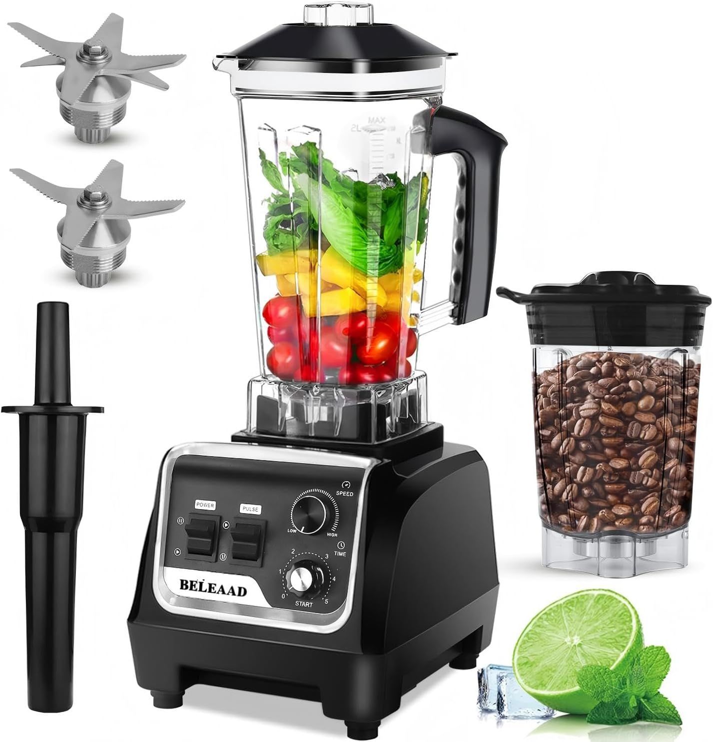 BELEAAD 1800W High-Performance Blender with 2L Capacity & 800ml Grinding Cup, Variable Speed, Multi-Purpose, Black