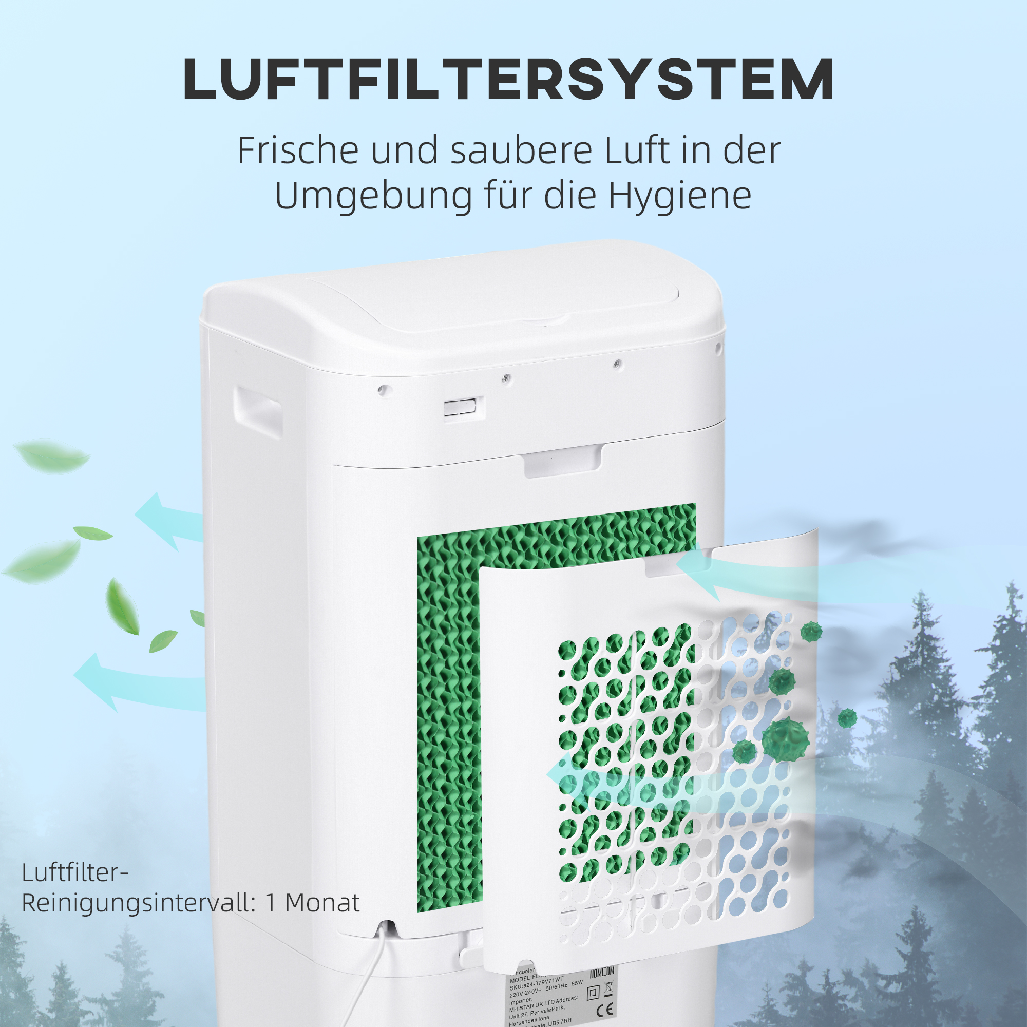 Mobiele Luchtkoeler/Airconditioner met 3 Modi, 7,5-uurs Timer, Verrijdbaar, Kunststof, Wit