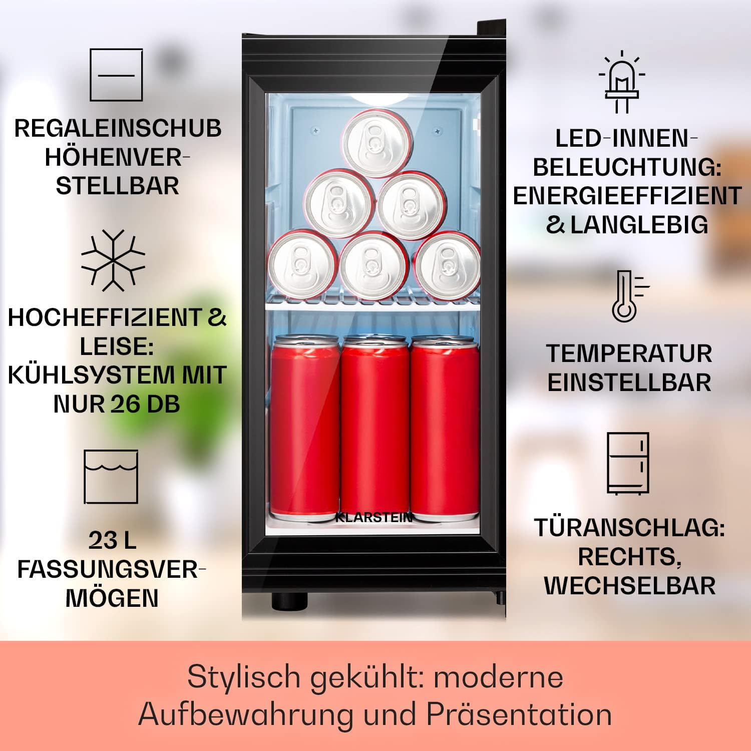 Klarstein Mini Kühlschrank für Zimmer, 23 Liter - Getränke, Snacks & Kosmetik, Minibar, & Leise, Verstellbare Ablagen, Kleiner Skincare Kühlschrank