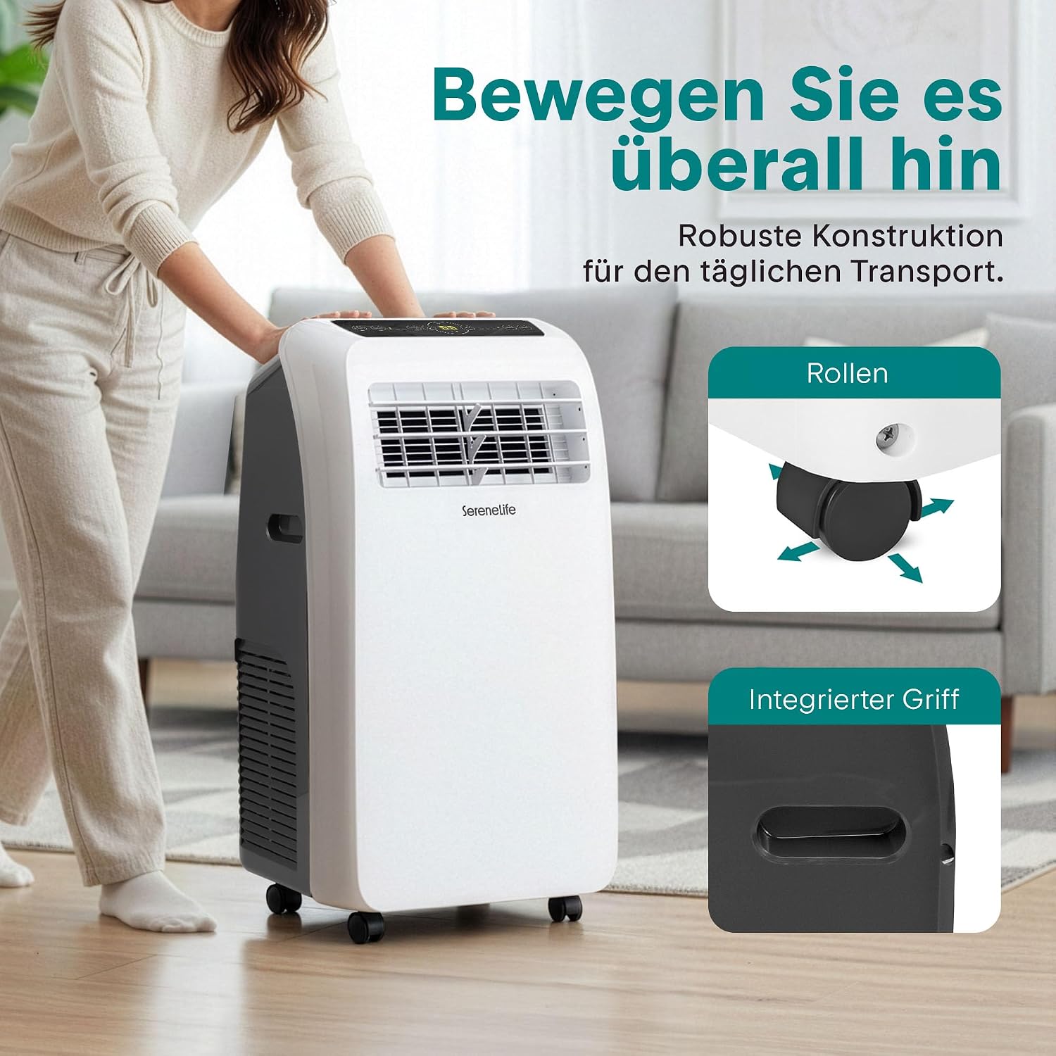 SereneLife Mobile Klimaanlage 3,5 kW 12000 BTU – 51 dB Leises Klimagerät für Schlafzimmer bis 37 m², Angenehme Kühlung an heißen Tagen, mit Entfeuchter, Lüfter & Fernbedienung