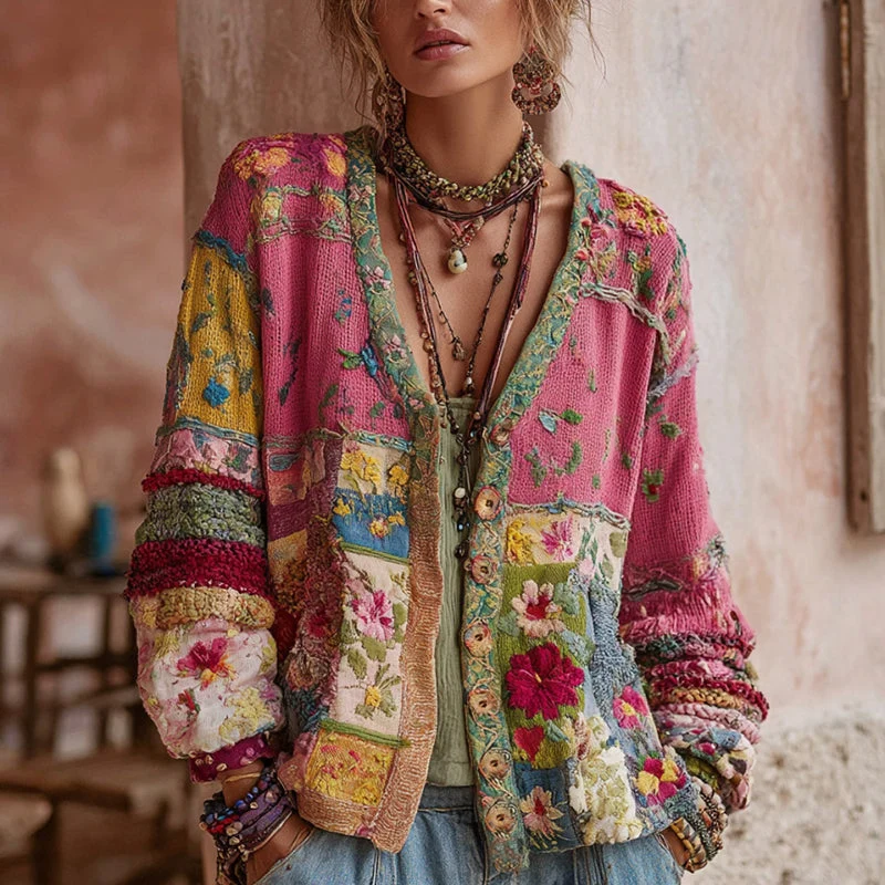 Damen Patchwork Strickjacke mit Blumen-Stickerei | Grobstrick Cardigan mit V-Ausschnitt und Knopfleiste | Locker geschnittene
