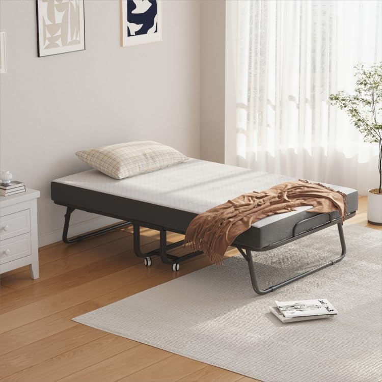 CAIYUN Cama Plegable de 100 x 190 cm, colchón de espuma viscoelástica de 13 cm aprox., cama de invitados, marco de metal, ruedas