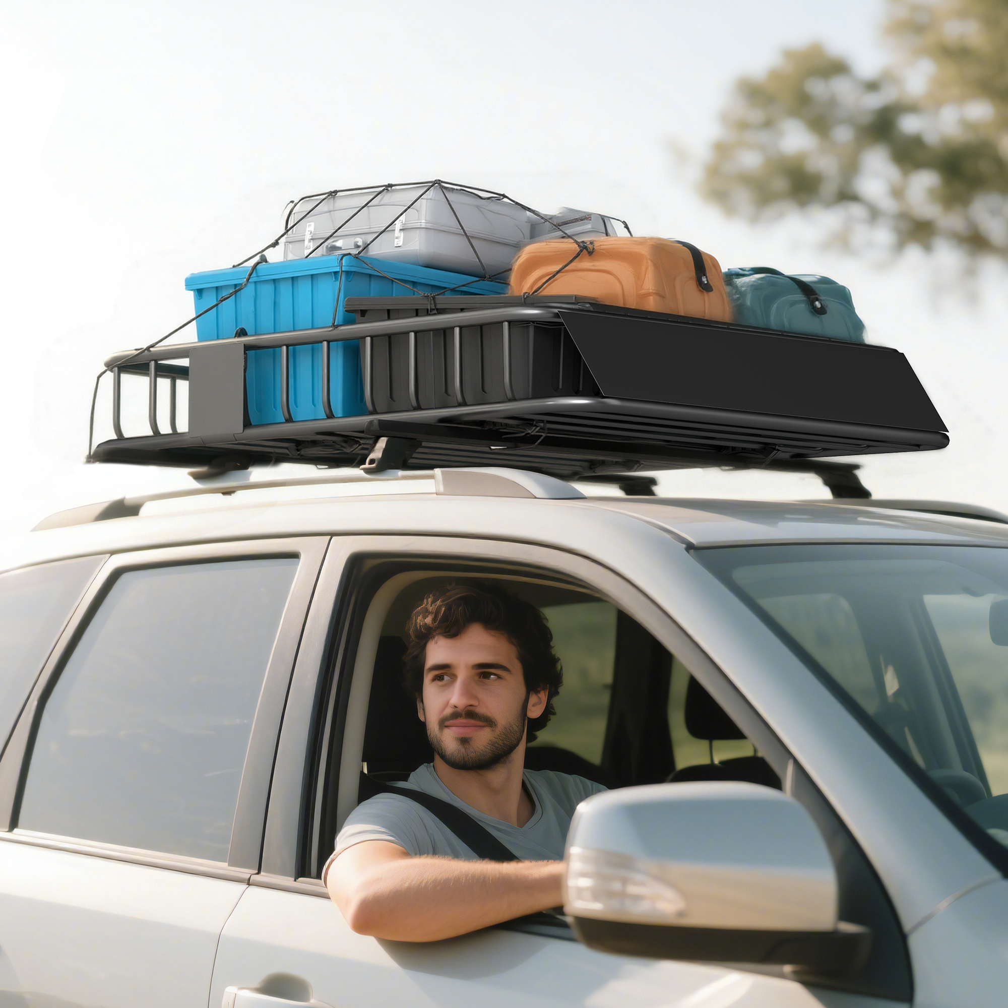 Auto Dakbagagedrager, Dakmand, 90,7 kg Draagvermogen, met Winddeflector, Stalen Buizen, Zwart
