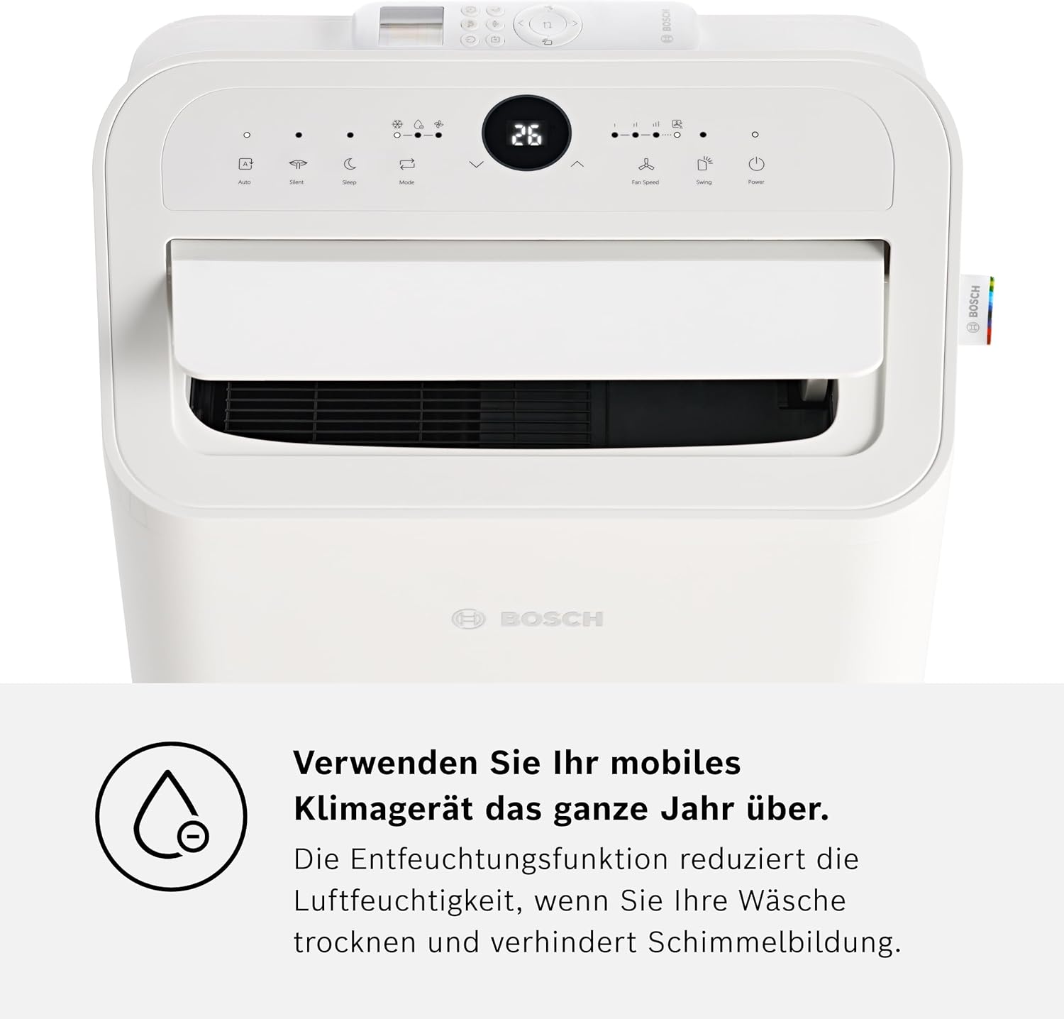 Bosch Cool 4000 Mobiles Klimagerät - 3-in-1: Klimagerät, Luftentfeuchter, Ventilator - 2,6 kW für Räume bis zu 35m² - Mit Auto-Modus, Silent-Modus & Sleep-Modus