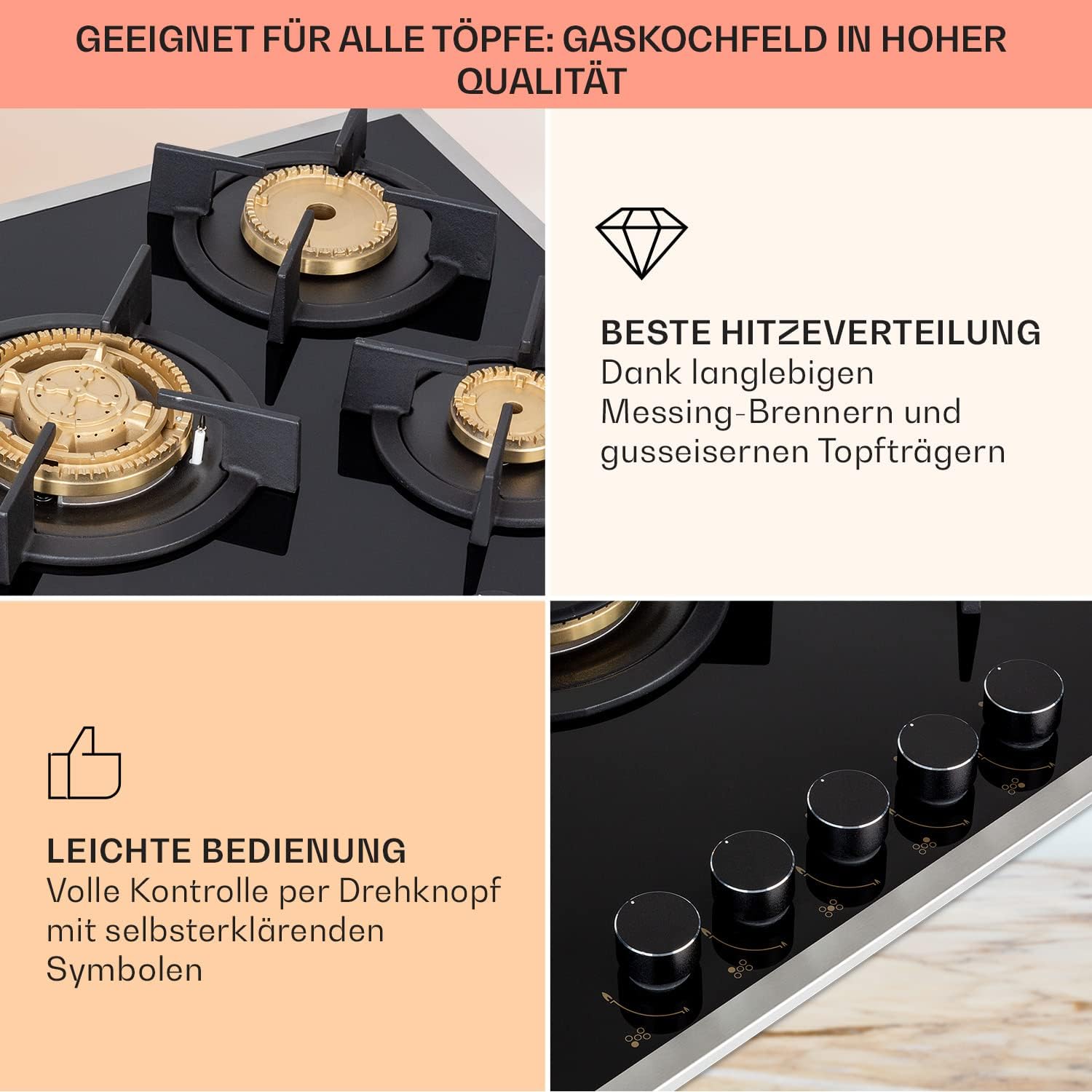 Klarstein Gasherd, Gaskochfeld 5 Flammen, Einbau-Gaskocher für Zuhause & Wohnmobil, Campingkocher mit Glasplatte, Gasherd für Propan- und Erdgas, Edelstahl Gas-Herdplatte Wok Brenner 10400 Watt