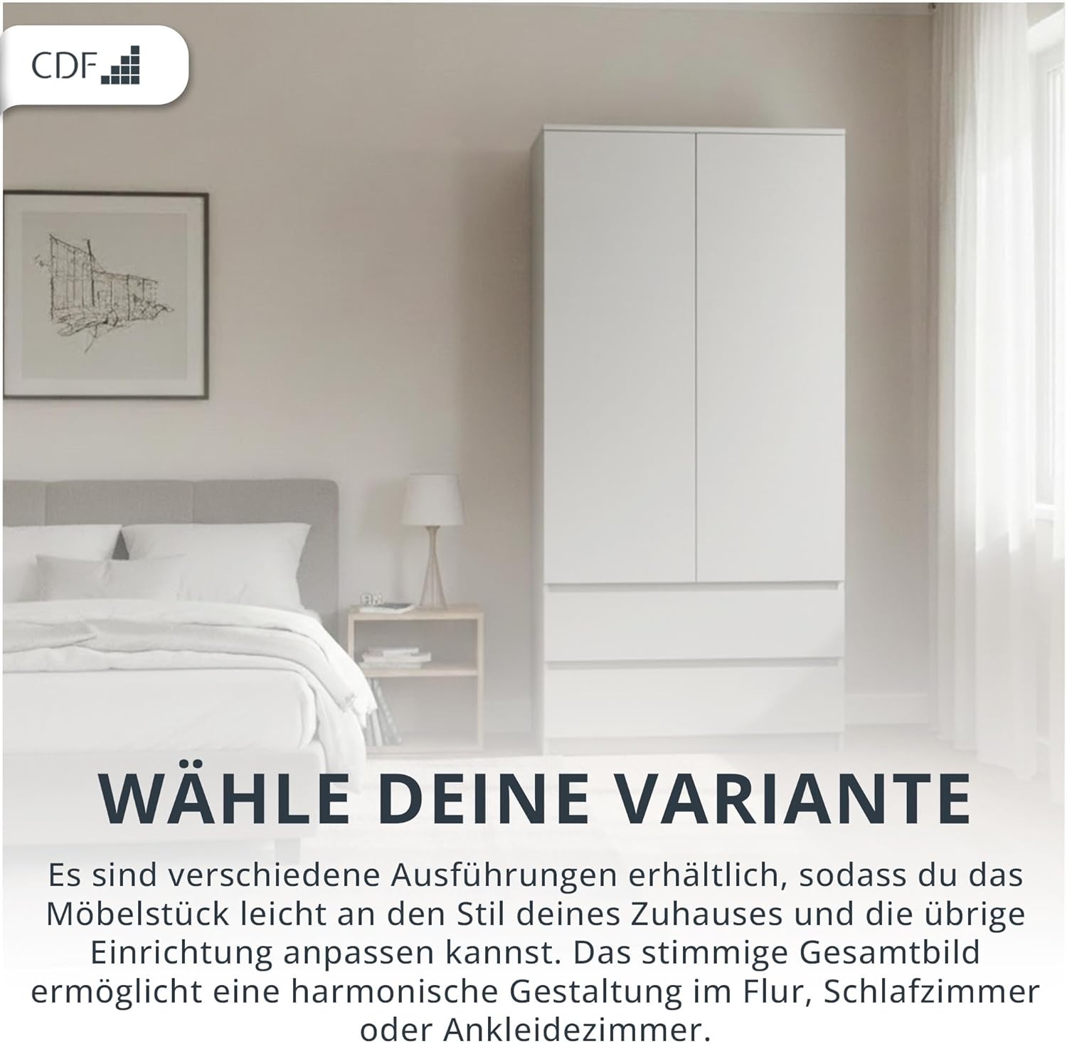 CDF Kleiderschrank Weiß 90cm Breit Kinderzimmer Schlafzimmer 2 Schubladen 2-türig Kleiderschrank Zweitüriger Schrank Moderne Look Alles für die Montage Inklusive Garderobenschrank Klamotten Spielzeuge