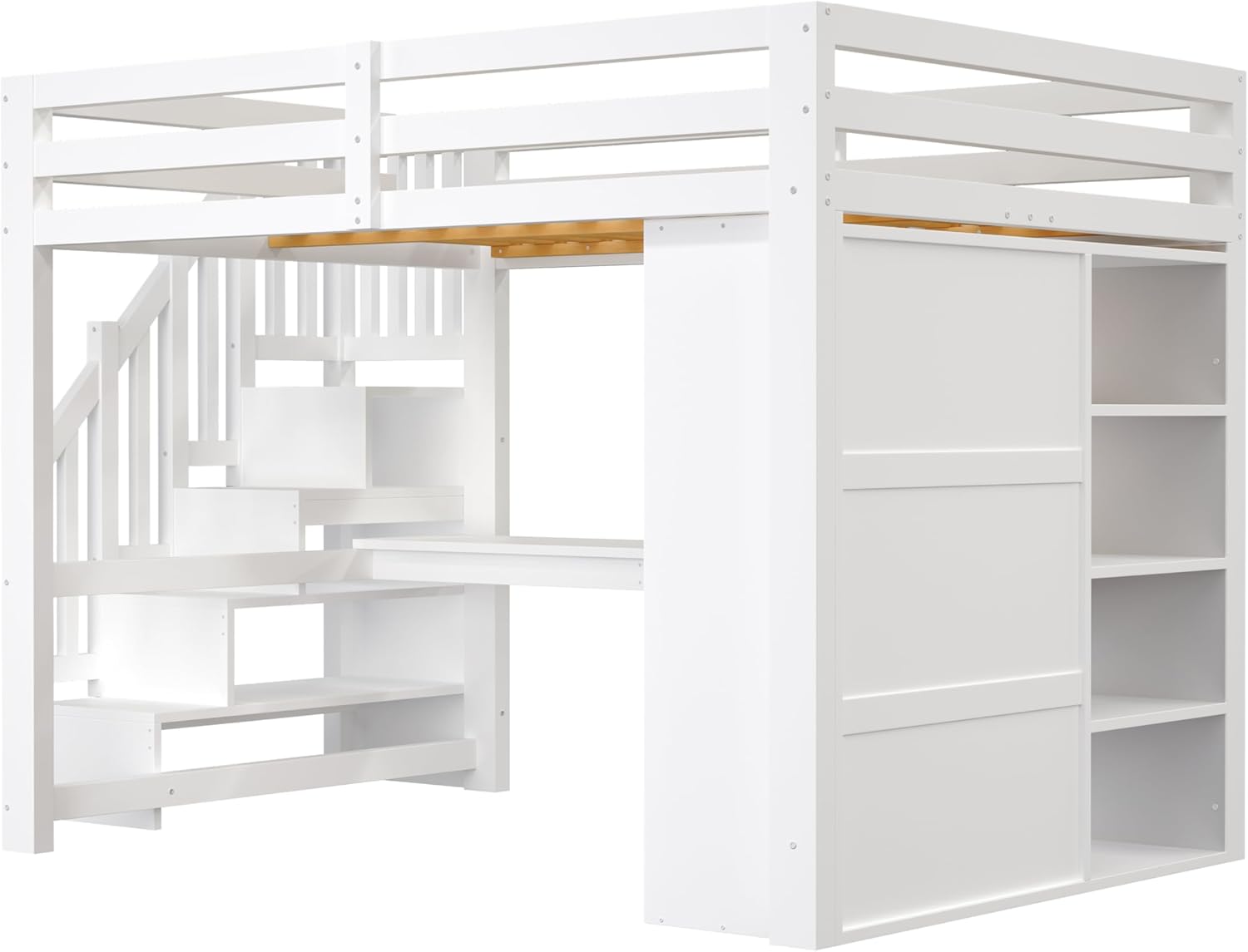 140x200 Hochbett mit Schreibtisch und Regal, Kleiderschrank, Stauraumtreppe, USB und LED-Leuchten, Weiß