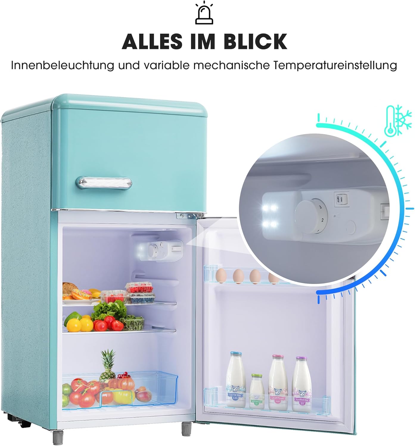 Merax Kühlschrank mit Gefrierfach, Kühl-Gefrierkombination, klein Kühlschrank mit 51L und Gefrierschrank 21L, Leise, LED, Glasablagen, Gemüsefach, Türablagen, für Küche, Wohnzimmer, Büro, Schwarz