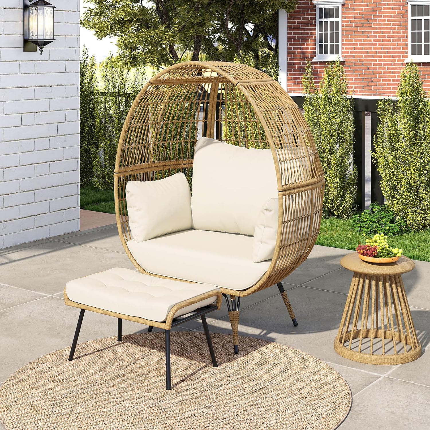 COSTWAY Korbsessel Rattan mit Hocker, übergroßer Gartensessel mit Kissen und Metallgestell, Rattansessel XXL, Loungesessel für Balkon, Garten, Wohnzimmer, Terrasse, Beige