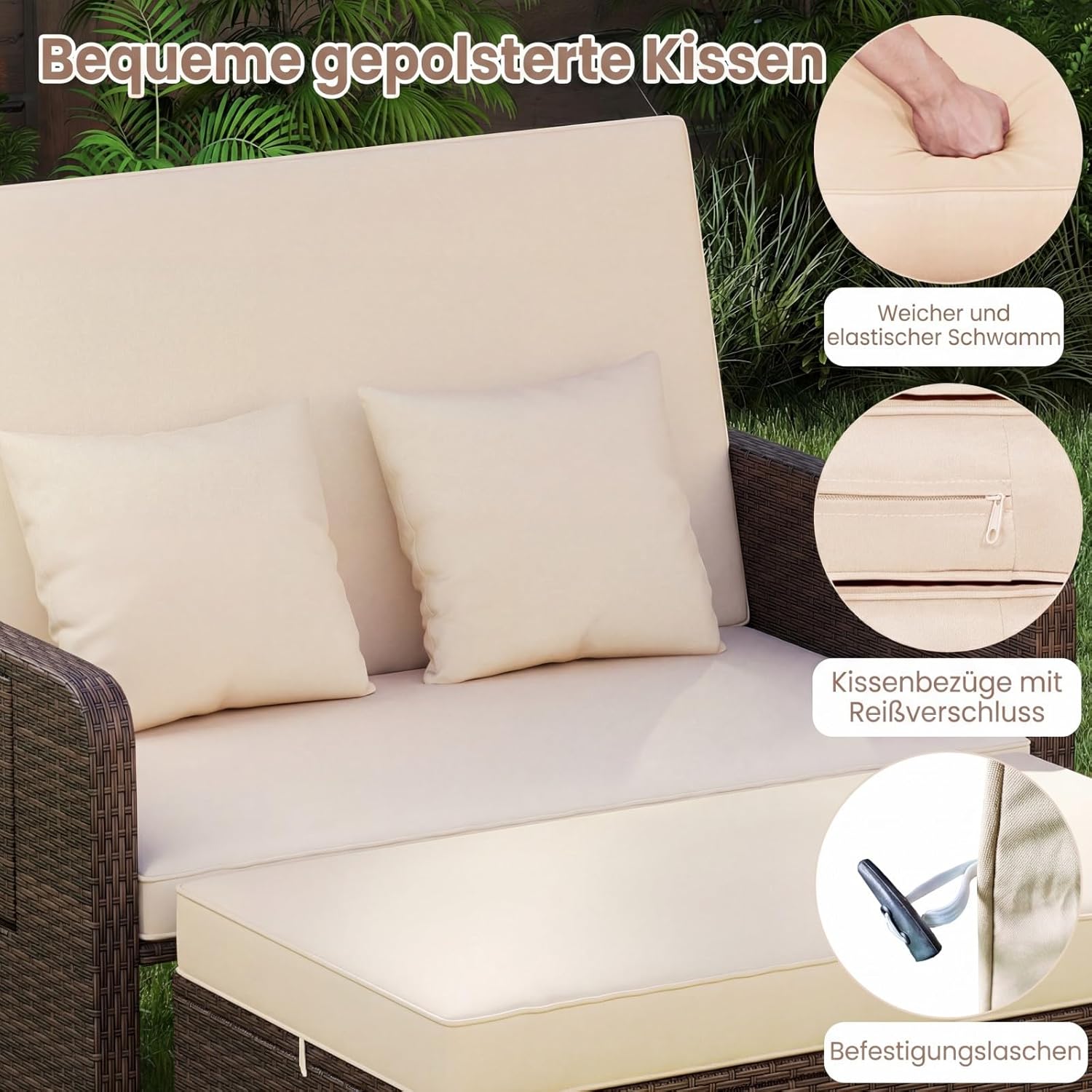 COSTWAY 3 in 1 Polyrattan Sonnenliege, Gartenliege mit Verstellbarer Rückenlehne & Seitenablagen, Loungebett, Doppelliege mit Kissen, Gartensofa mit Hocker & Stauraum für Garten
