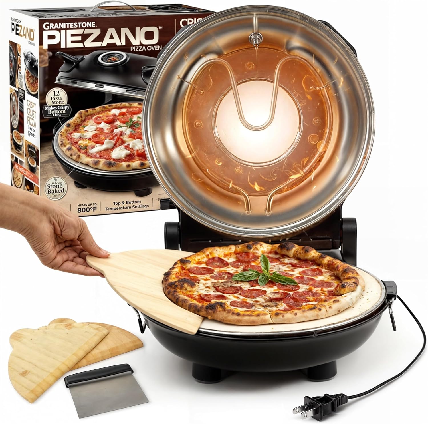 PIEZANO Crispy Crust Pizza Oven by Granitestone  ?Electric Pizza Oven Indoor Portable  12 Inch Indoor Pizza Oven Countertop  Pizza Maker Heats up to 800?F for Stone Baked Pizza at Home As Seen on TV