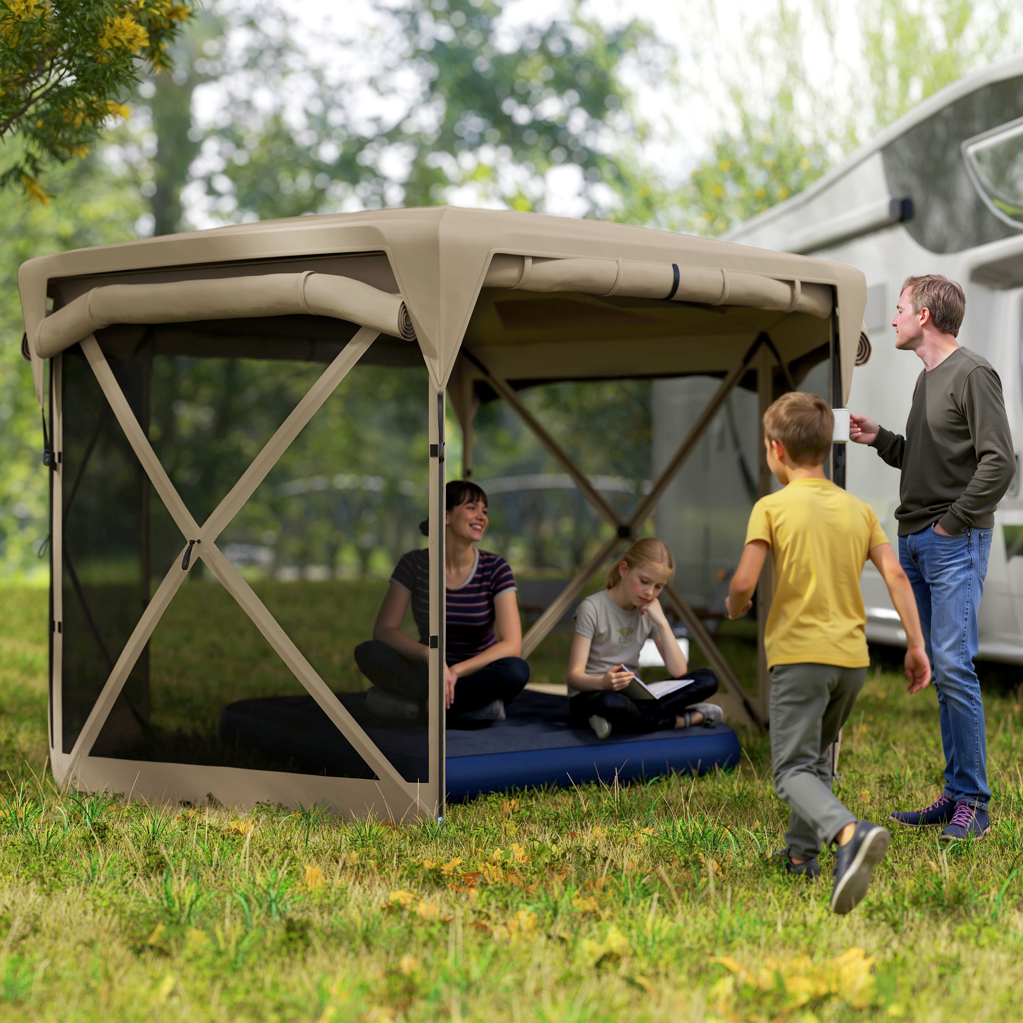 3 x 3,5 Pop-up Tuinpaviljoen met UPF30+ Bescherming, Netwanden, Draagtas, voor Tuinfeesten, Camping, Khaki
