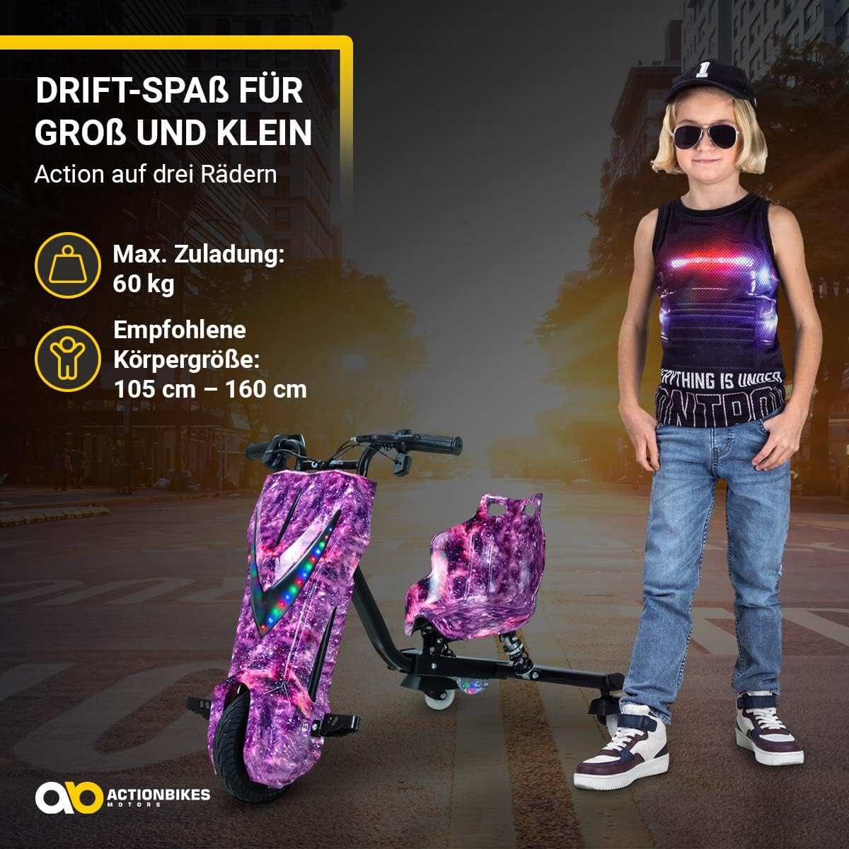 Actionbikes Motors Kinder Elektro Driftscooter | 𝟐𝟓𝟎 Watt Motor - Drift Cart 360°- 3 Geschwindigkeitsstufen - LED-Beleuchtung - Sitz verstellbar - Bluetooth - Drift Kart - Drift Auto (Space Purple)