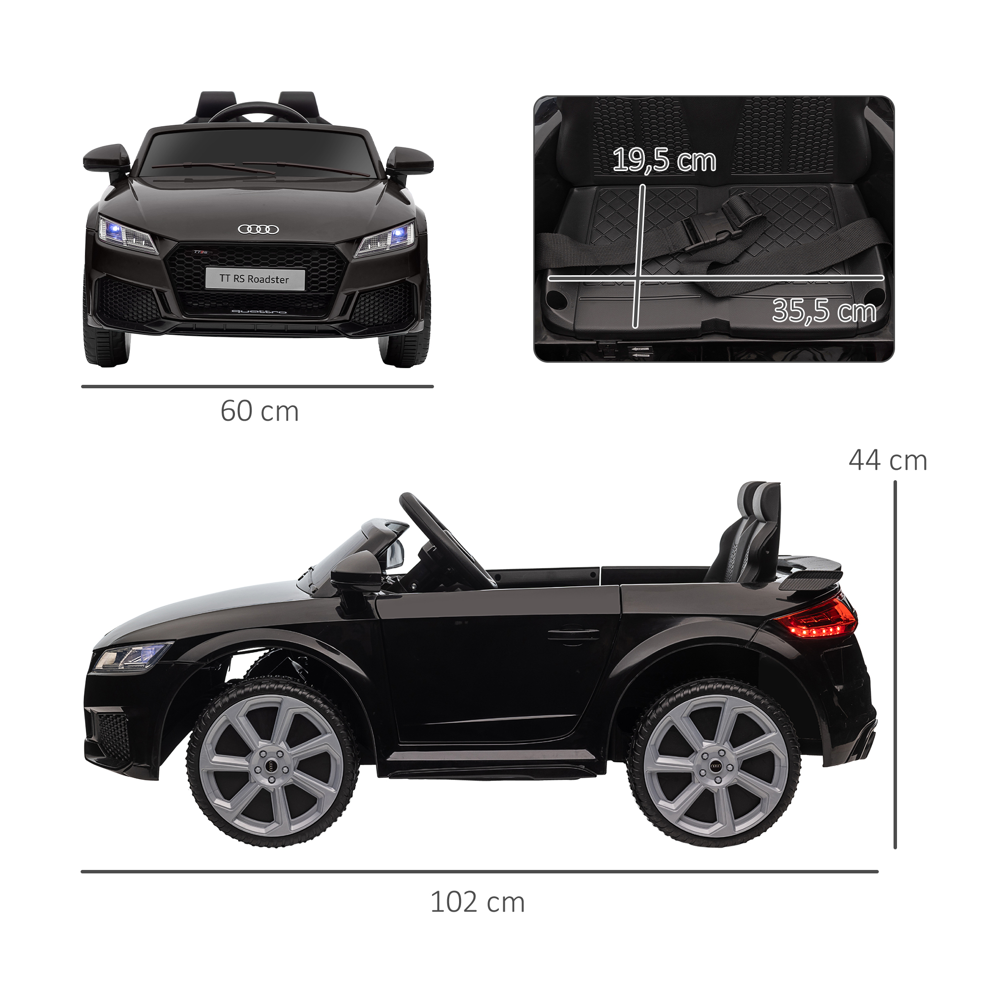Kinder-Elektrische Auto, Audi TT RS Roadster, 3 km/u, Afstandsbediening, LED, USB, Zwart