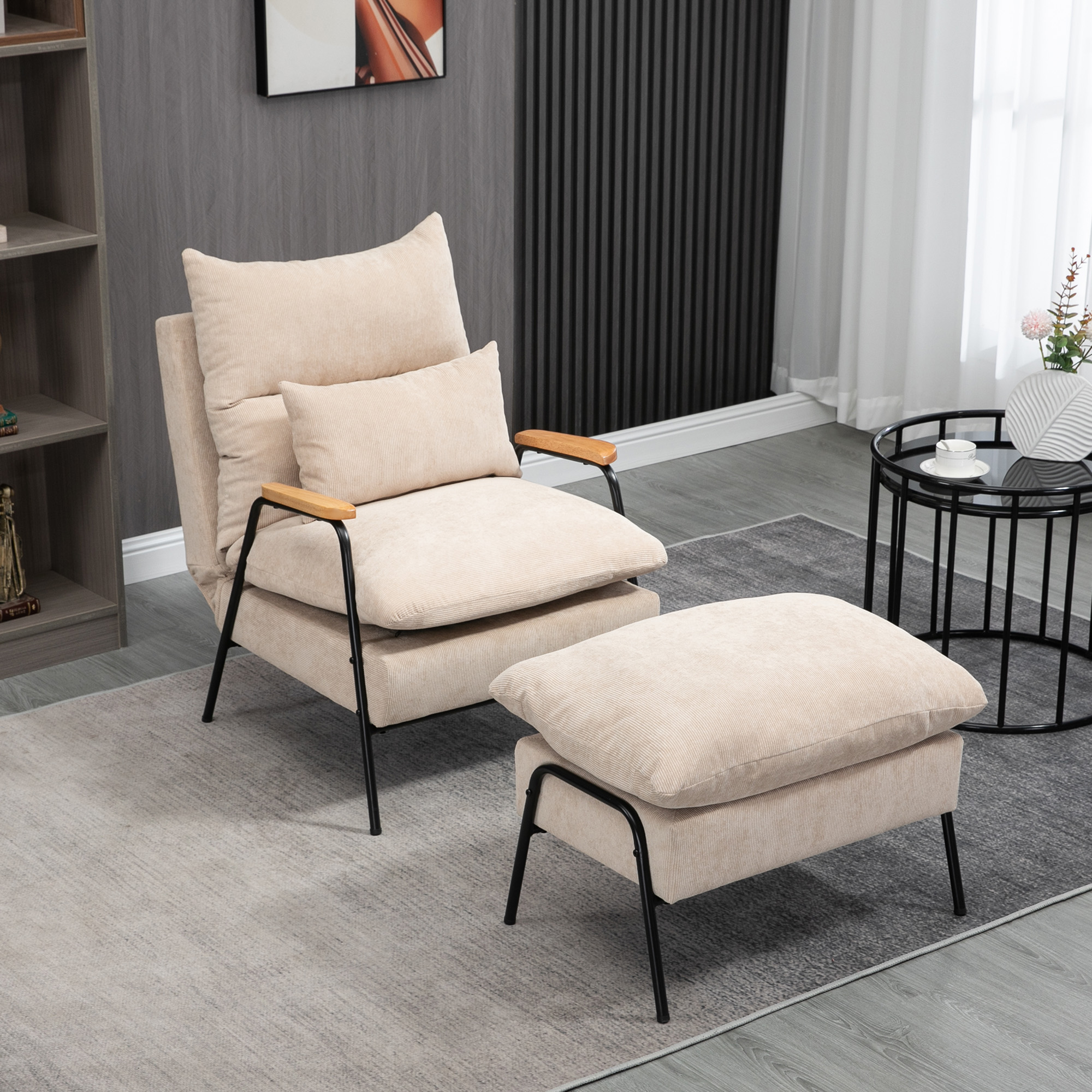 Polsterstoel met Voetenbank, Relaxstoel met Ligfunctie, Polsterstoel, Kussen, TV Stoel, 68 x 91,5 x 88 cm, Beige