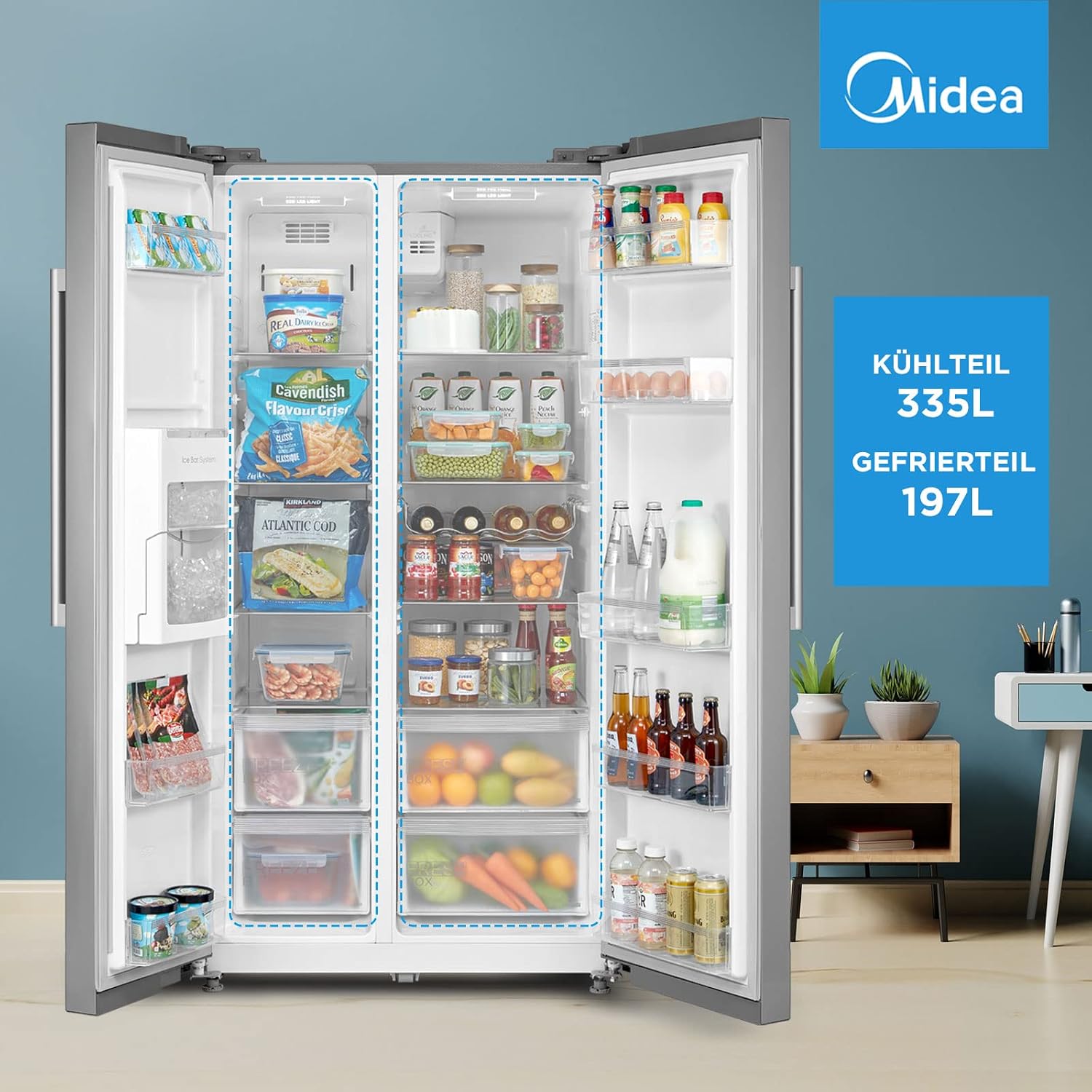 Midea Side-by-Side Kühl-Gefrierkombination 532 L mit Indoor Ice Bar | No Frost, Inverter Kompressor, 256 kWh/Jahr | Twin Control & SuperCool | 176,5 cm hoch | MERS530FGD02