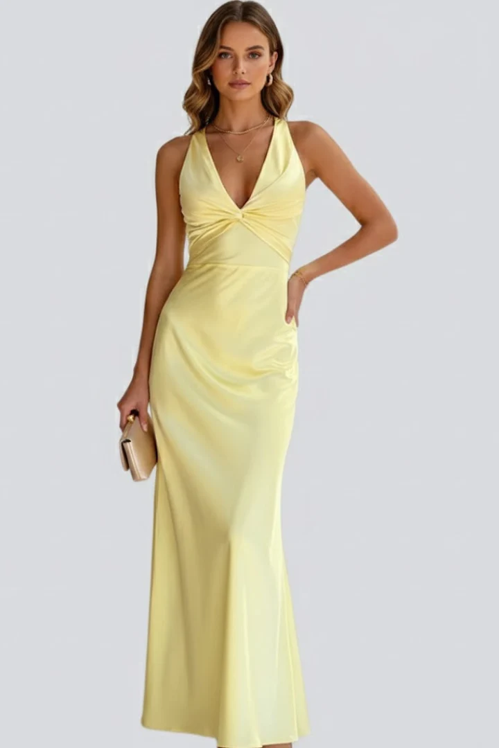?rmelloses Damen Maxikleid mit tiefem V-Ausschnitt und taillierter Passform �C Bodenlanges Kleid mit ausgestelltem Saum