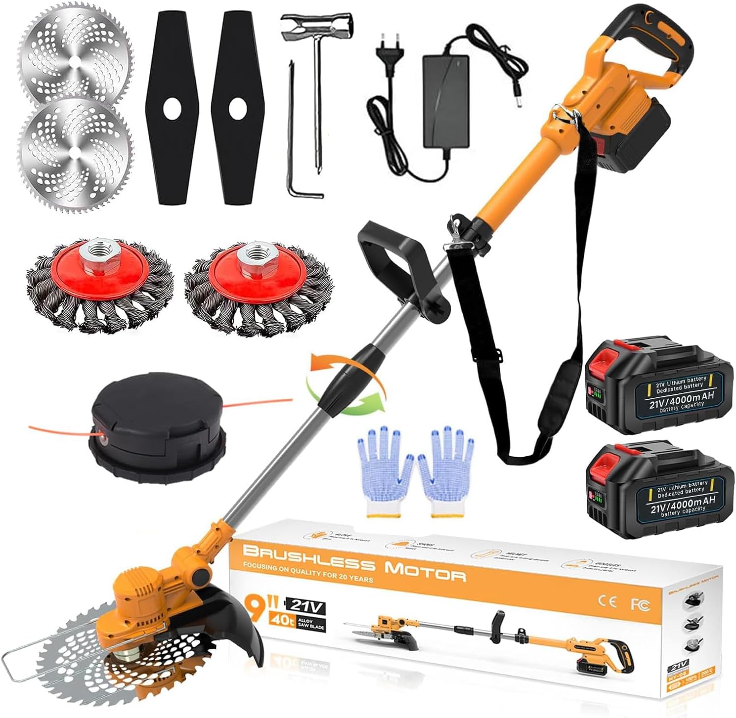 Akku Rasentrimmer mit Akku und Unkrautbürste 4 in 1 Freischneider mit Unkrautbürste 21V Bürstenloser Freischneider, Elektro Motorsense mit 2 Akku 4.0Ah und Ladegerät Teleskop, Verstellbarer, Orange