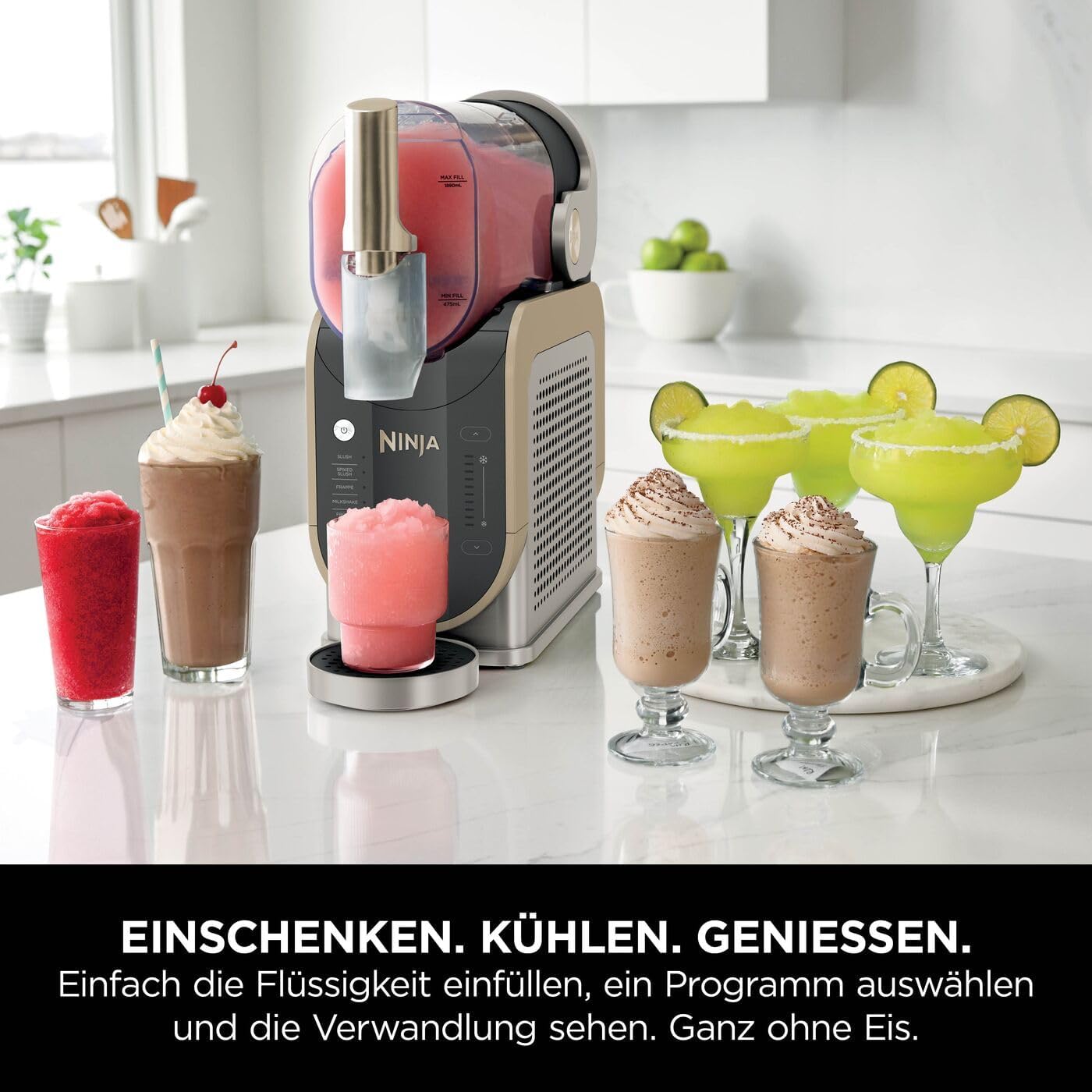 Ninja SLUSHi Maschine für Slush, Eis-Cocktails, Frappé, Milchshakes & gefrorenen Saft, ohne Eis oder Vorbereitungsaufwand, WhisperChill-Technology, fasst 1,9 L, Stone Gold, FS301EUSTGD
