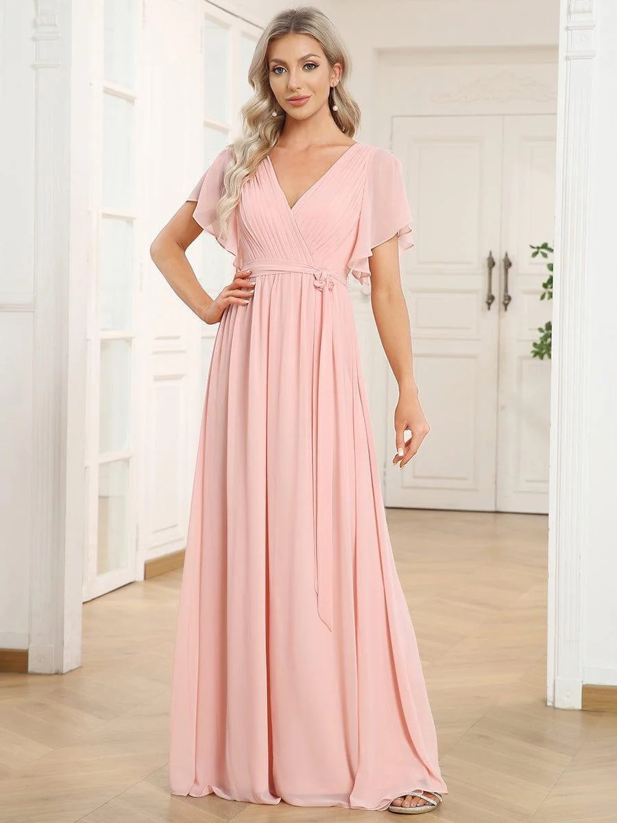 Abendkleid Damen Maxi A-Linie aus Chiffon | Festliches Kleid f��r Hochzeitsg?ste mit V-Ausschnitt und Fl��gel?rmeln