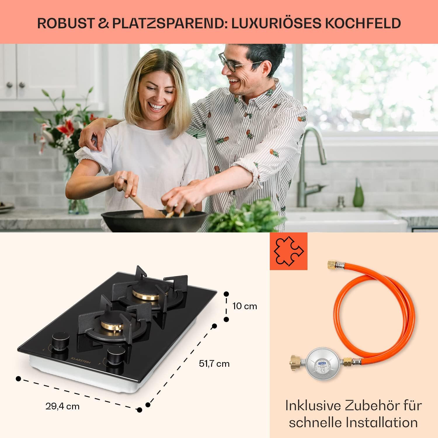 Klarstein Gasherd, Gaskochfeld 4 Flammig, Einbau-Gaskocher für Zuhause & Wohnmobil, Campingkocher mit Glasplatte, Gasherd für Propan- und Erdgas, Edelstahl Gas-Herdplatte Wok Brenner 8000 Watt