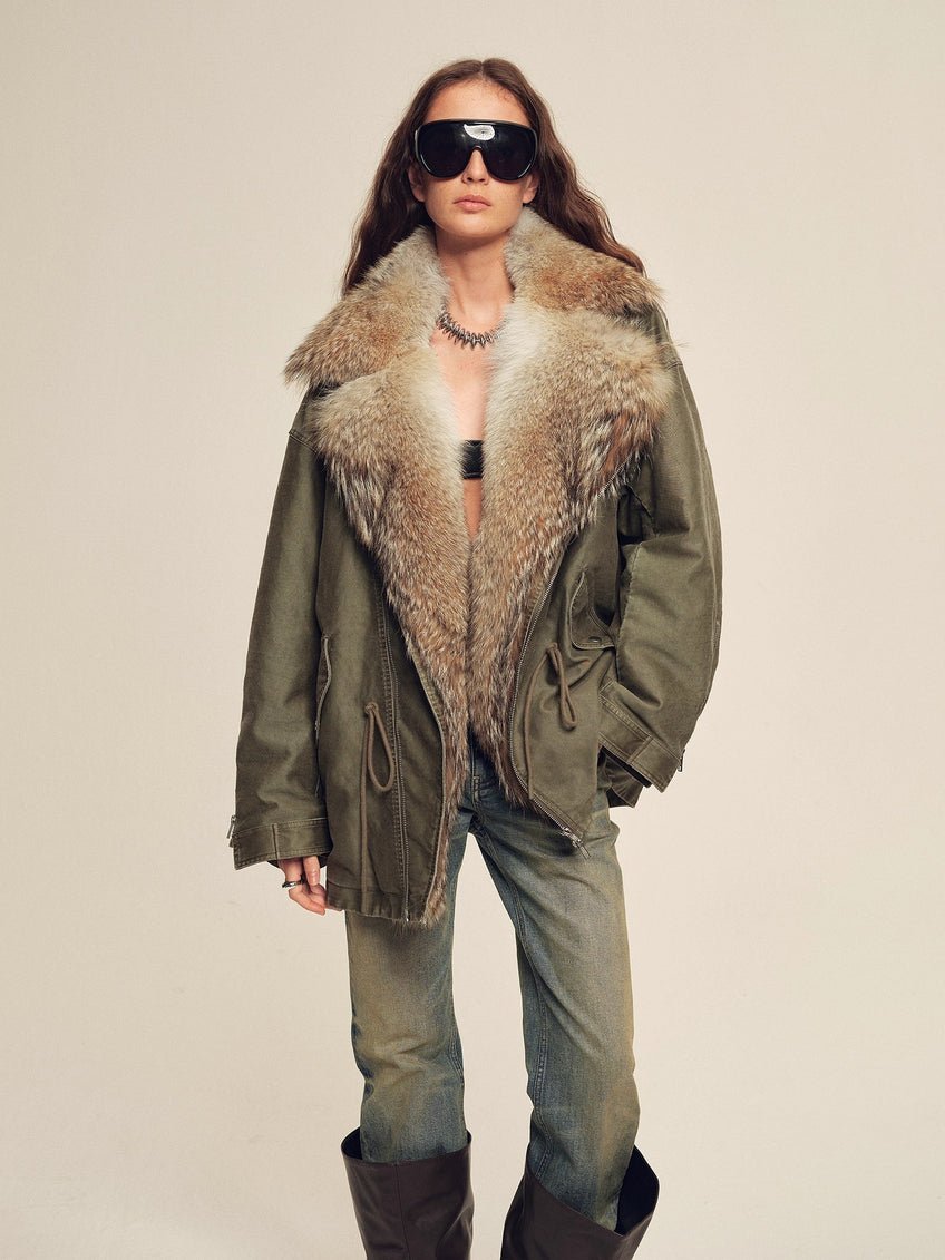 Firelady Women’s Sheepskin Parka coat with Two-Tone Toscana Coyote Fur Collar“Wilderness Parka”