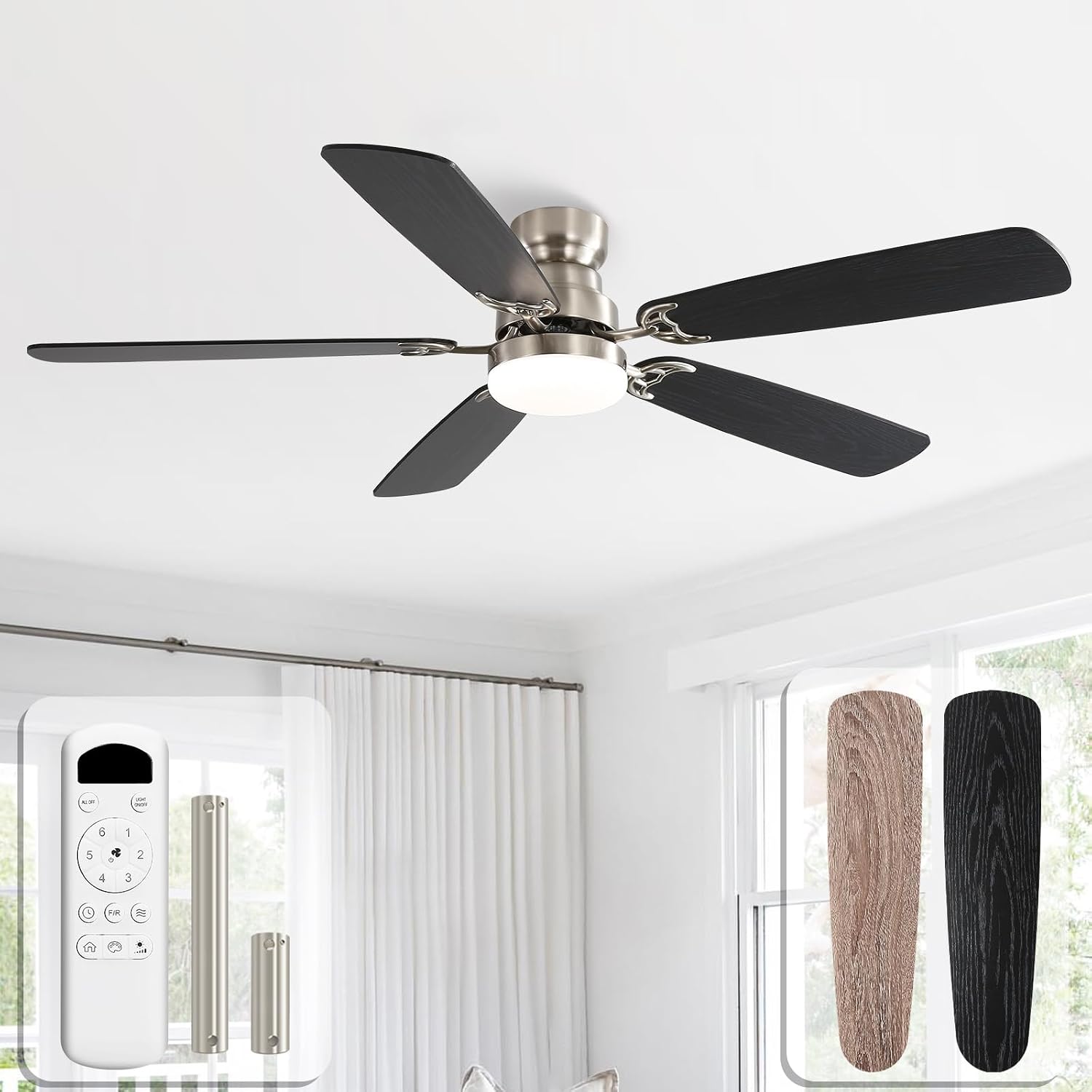 Sofucor Deckenventilator mit Beleuchtung und Fernbedienung, DC, 132 cm, 5 Flügeln, Timer, 3 Farbtemperatur, 6 Geschwindigkeiten, Sommer Winterbetrieb Leise Deckenventilator mit Licht für Wohnzimmer