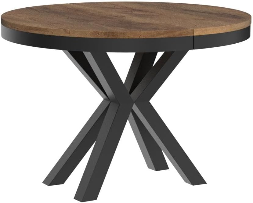 WFL GROUP Runder Ausziehbarer Esstisch im Loft-Stil - Industrieller Tisch mit Schwarzen Metallbeinen - Platzsparender Tisch für Wohnzimmer - Lefkas Eiche - 100 bis 180 cm