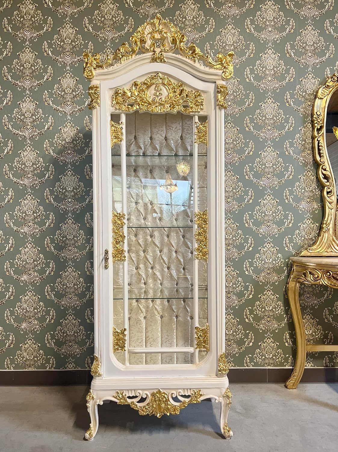 CasAmin Home & Living Baroque Style Display Cabinet: White Wood & Gold Leaf Showcase