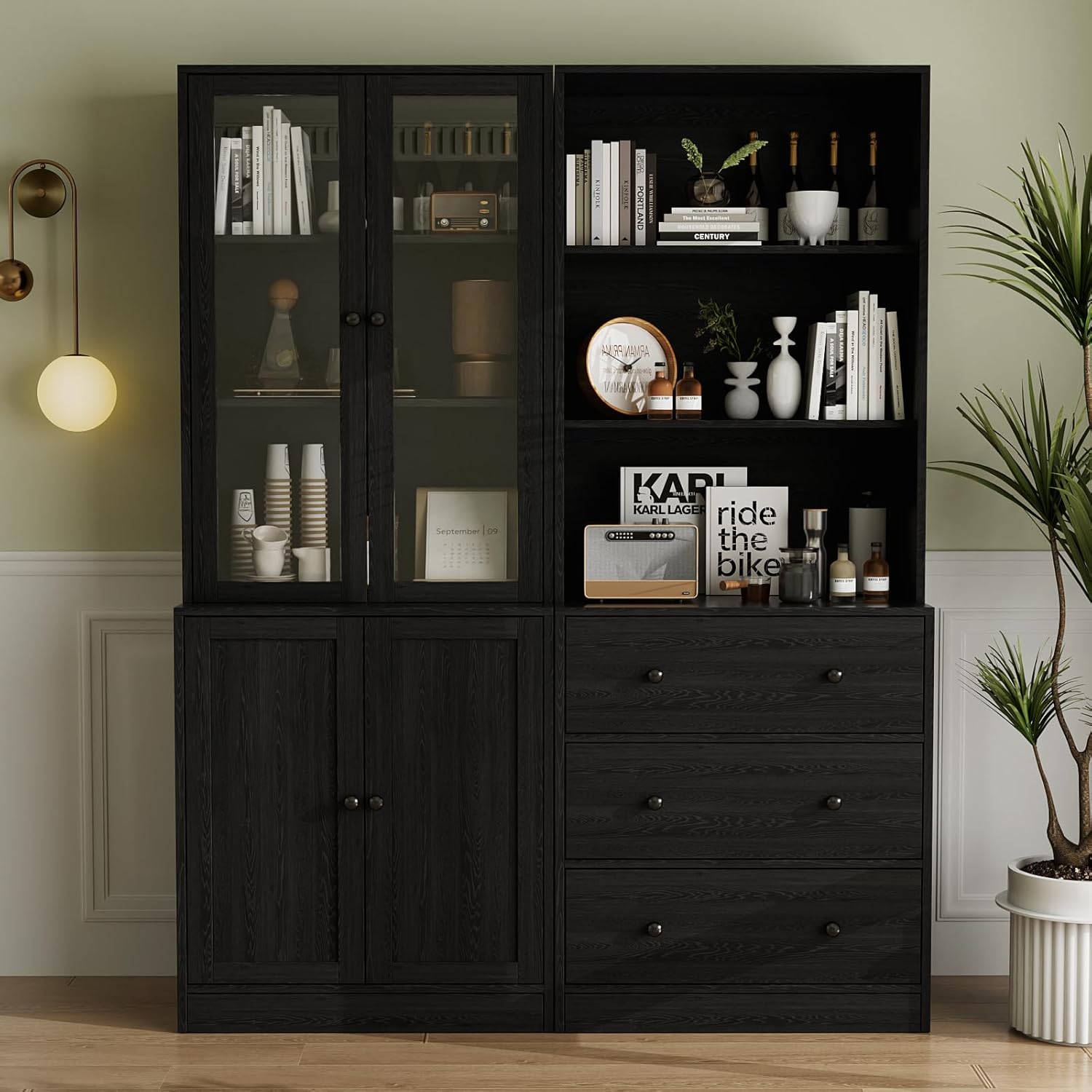 VOWNER 5-stöckiges Bücherregal mit Glastüren, 180 cm Vitrinenschrank, Küchenschränke, Küchenschrank Hochschrank, Buffetschrank für Küche, Wohnzimmer, Esszimmer, 4PCS (Schwarz)